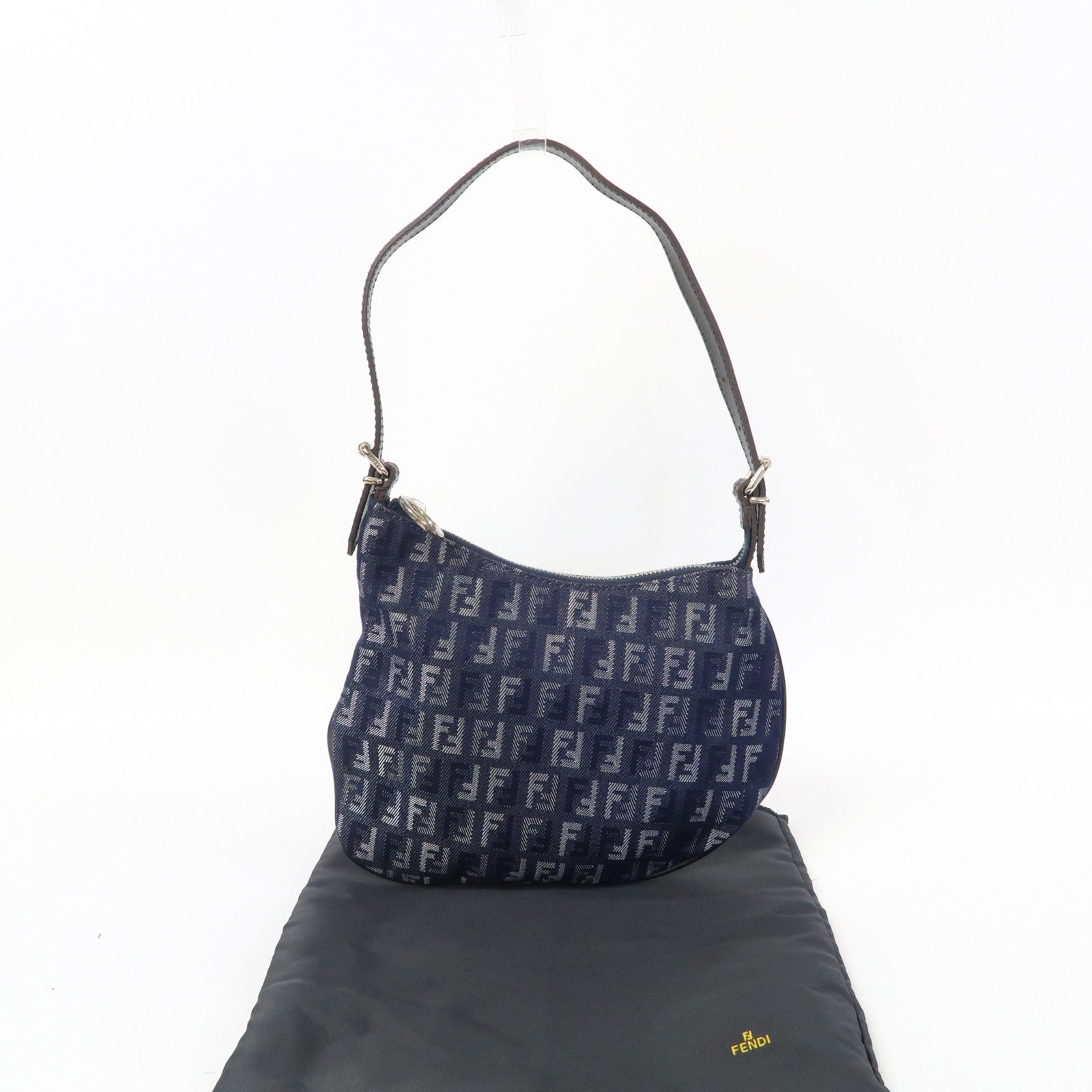 FENDI 帆布Zucchino Shoulder Bag銀扣肩背袋藍色