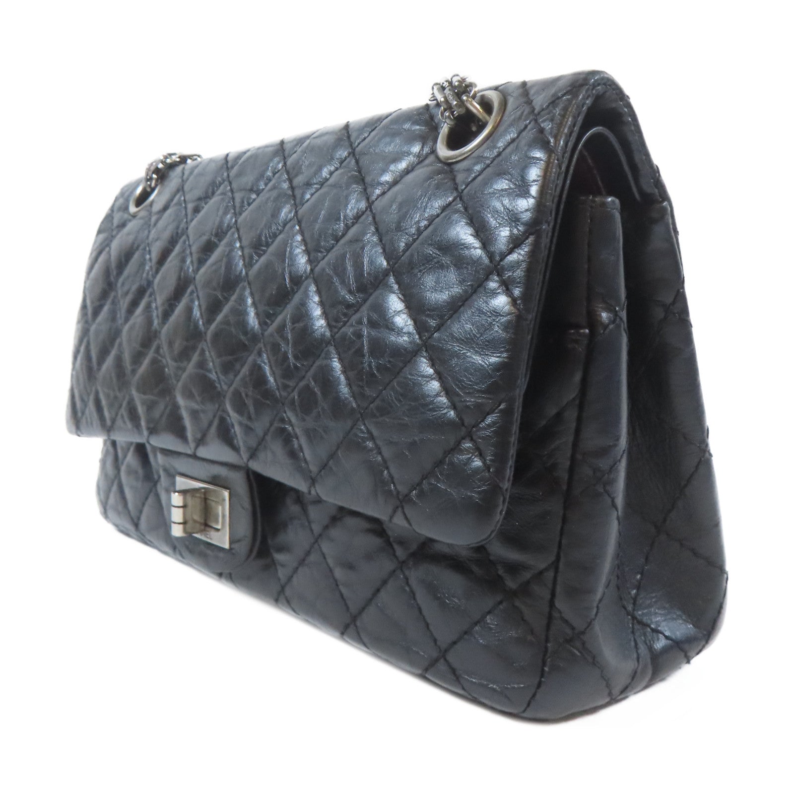 CHANEL 菱格牛皮皮革2.55 Chain Shoulder Bag黑扣鏈帶肩背袋黑色