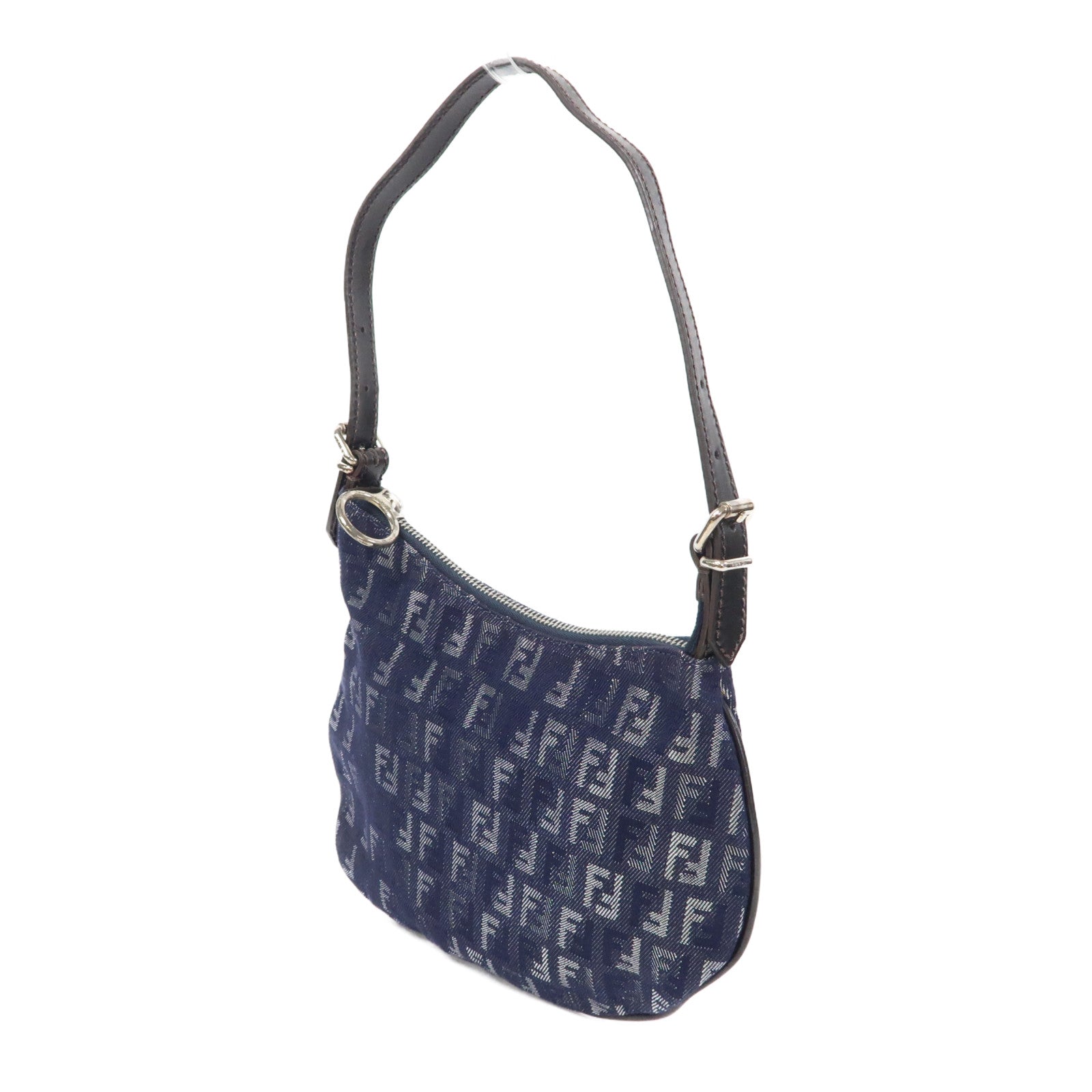 FENDI 帆布Zucchino Shoulder Bag銀扣肩背袋藍色