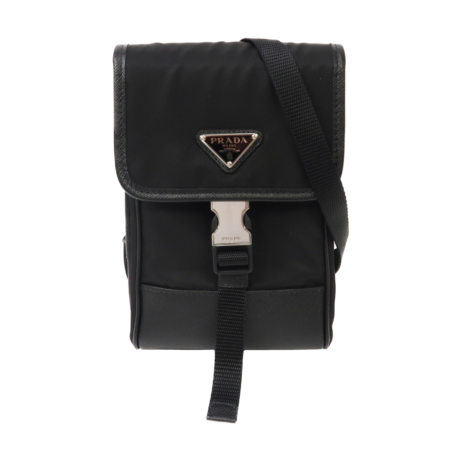 PRADA Saffiano皮革/尼龍Smartphone Case銀扣肩背袋黑色
