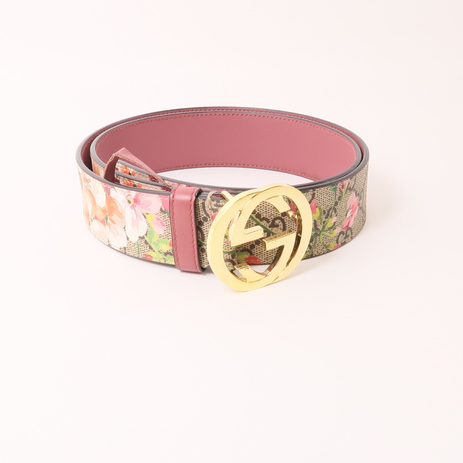 GUCCI 塗層帆布Belt金扣腰帶棕色/粉紅色