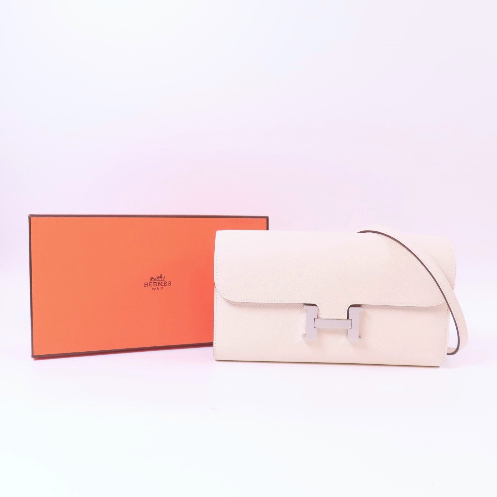 HERMES Epsom皮革Constance To Go銀扣肩背袋Nata/白色