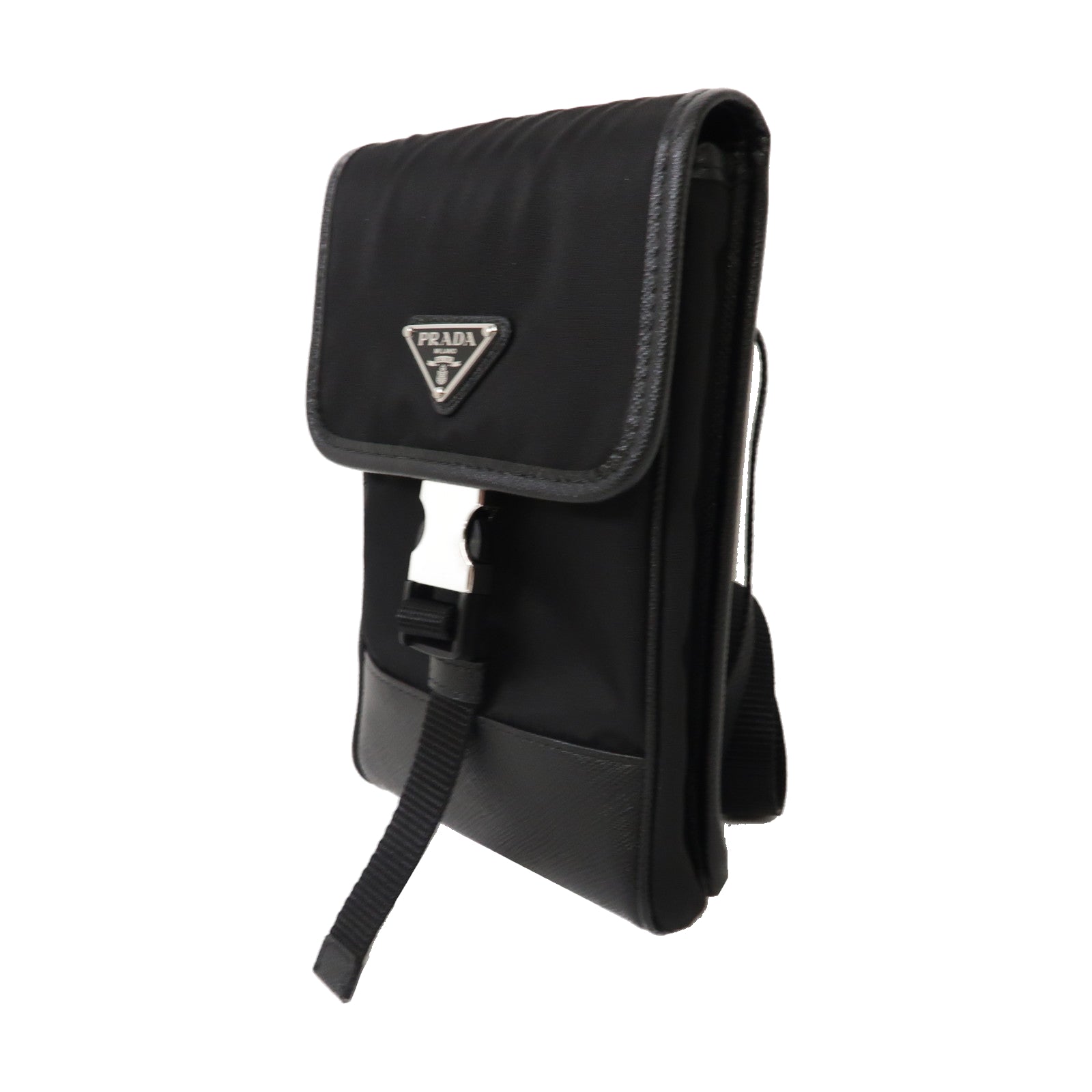 PRADA Saffiano皮革/尼龍Smartphone Case銀扣肩背袋黑色