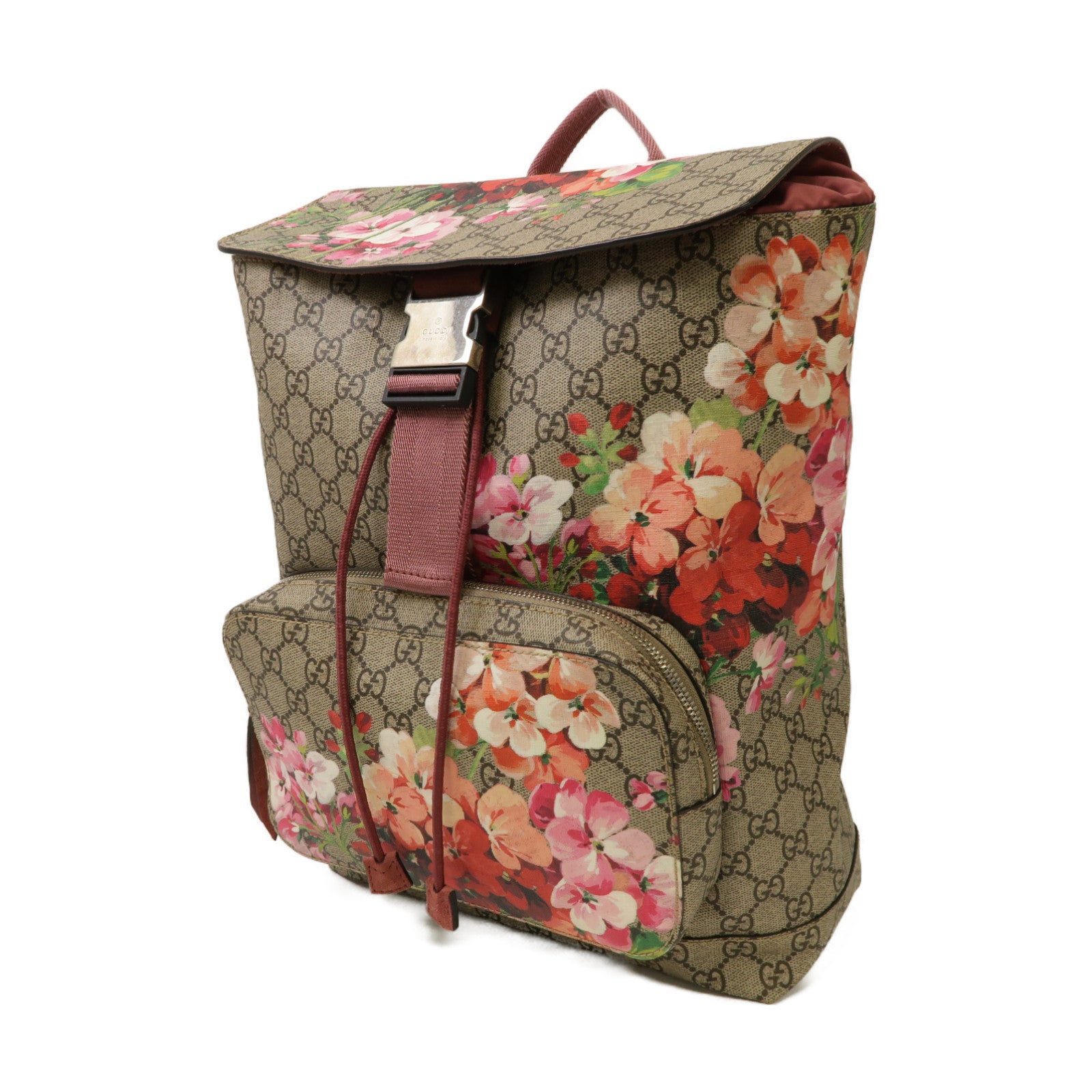 GUCCI 塗層帆布Backpack銀扣背包棕色/粉紅色