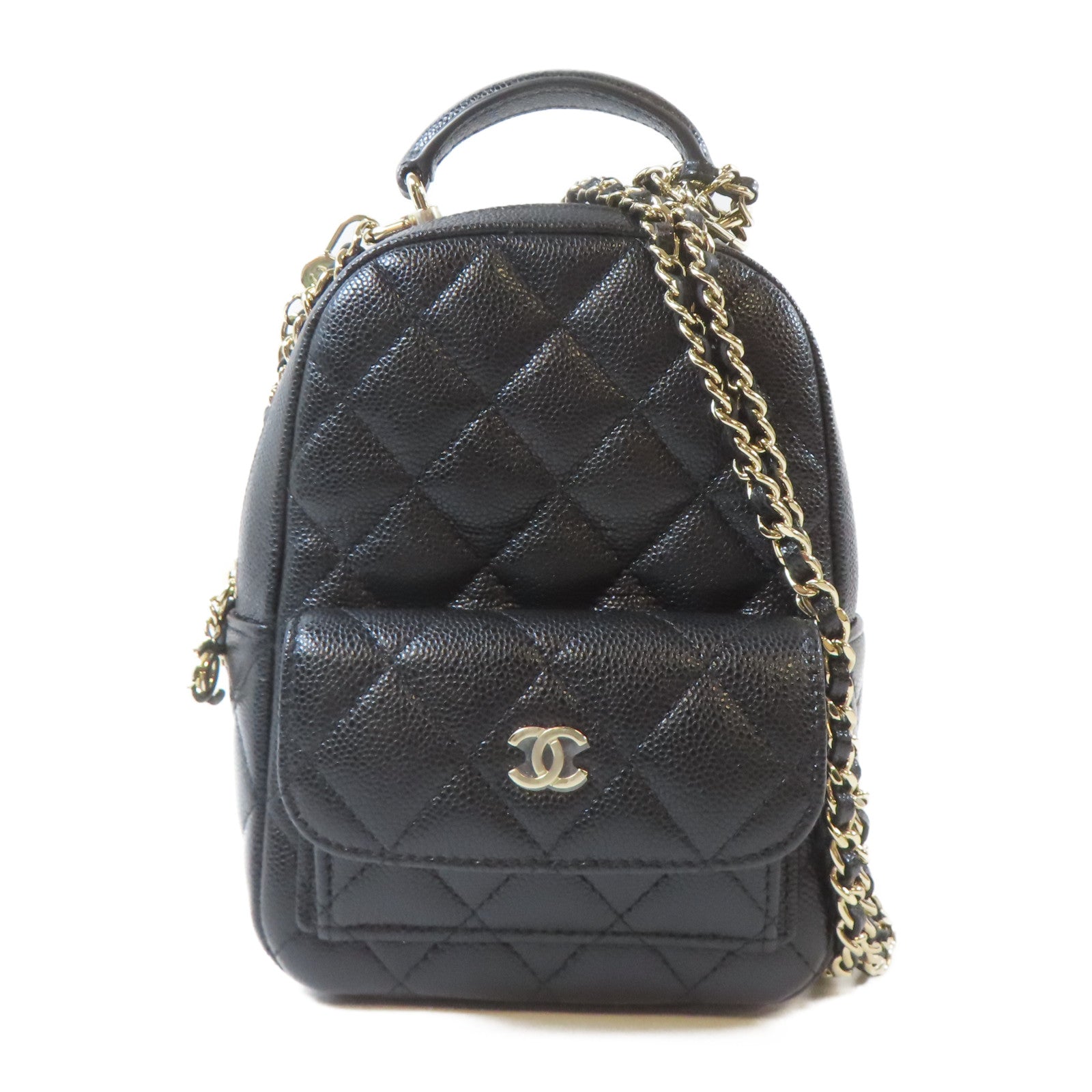 CHANEL 菱格Caviar皮革24C Backpack金扣背包肩背袋兩用黑色