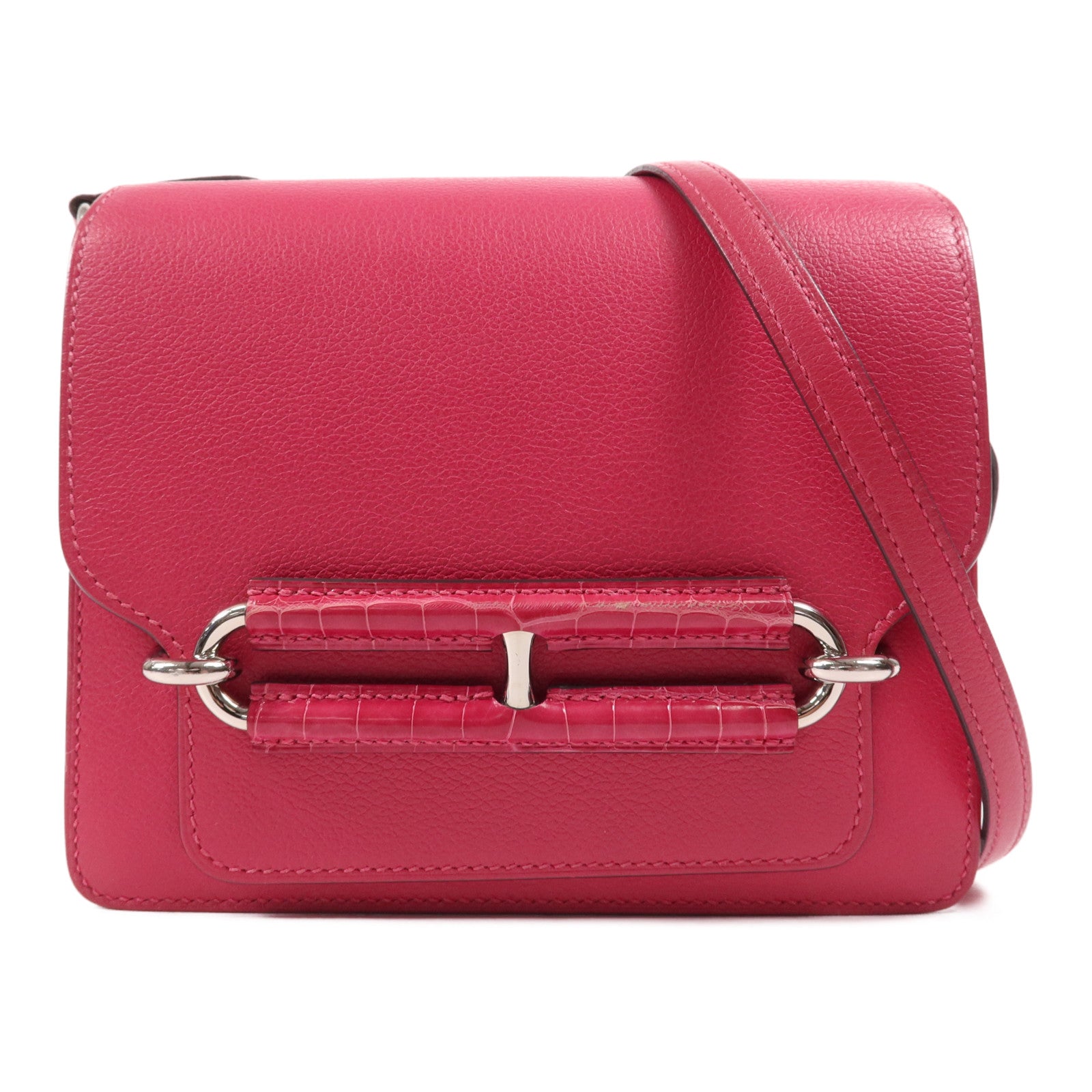 HERMES Evercolour皮革/鱷魚皮革Mini Roulis銀扣肩背袋Rose Mexico