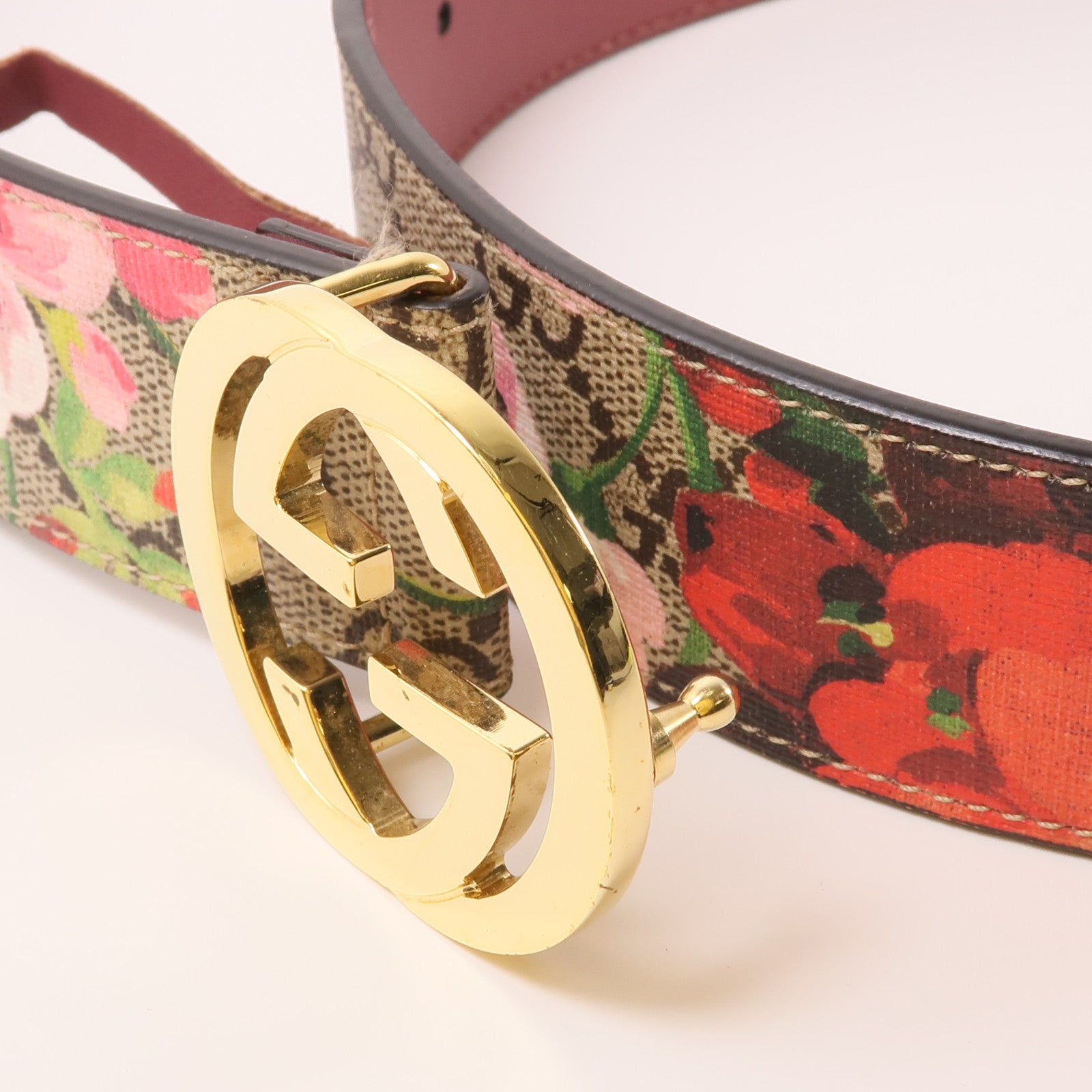 GUCCI 塗層帆布Belt金扣腰帶棕色/粉紅色