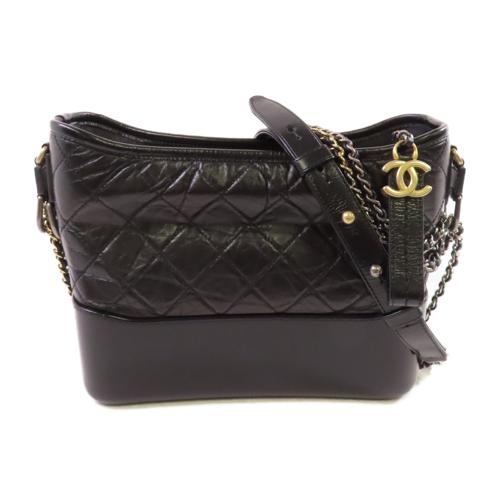 CHANEL 菱格牛皮皮革Gabrielle MM Chain Shoulder Bag金扣鏈帶肩背袋黑色