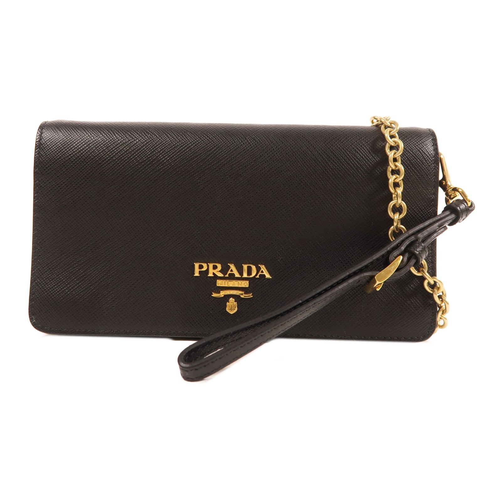 PRADA 牛皮皮革Wallet On Chain金扣鏈帶肩背袋黑色