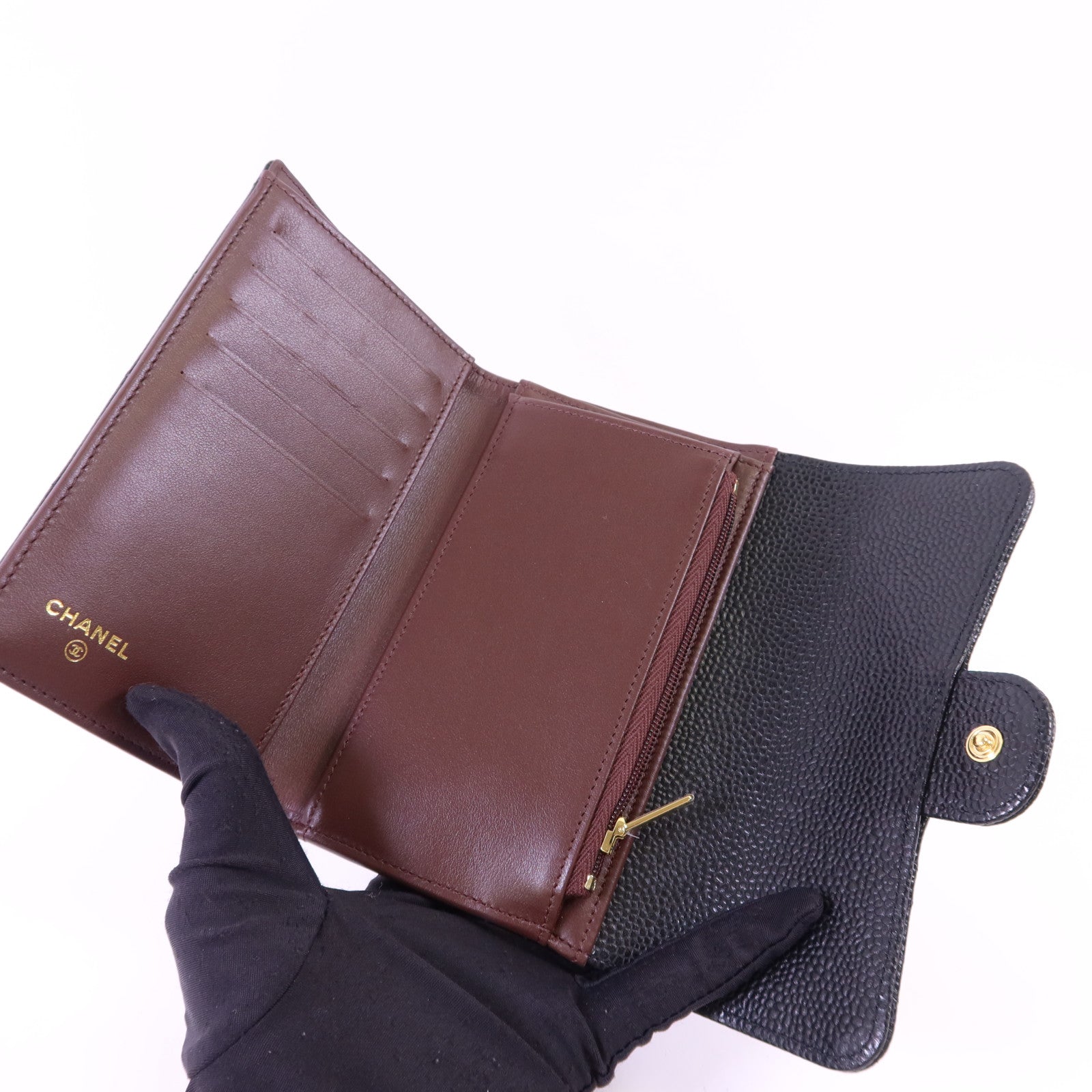 CHANEL 牛皮皮革Matelasse Tri-Fold Wallet金扣長錢包