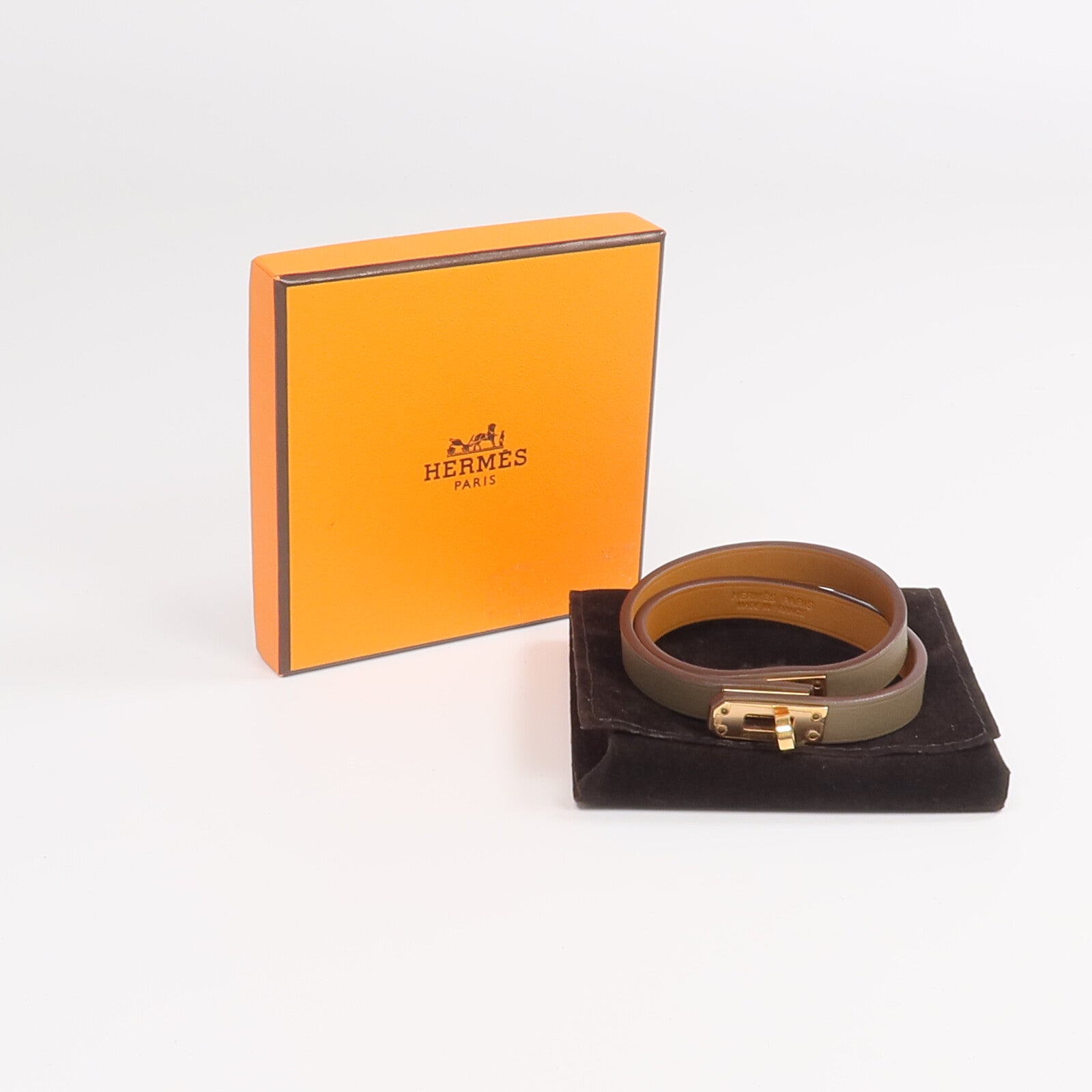 HERMES Swift皮革Mini Kelly Double Tour Bracelet金扣手帶Etoupe