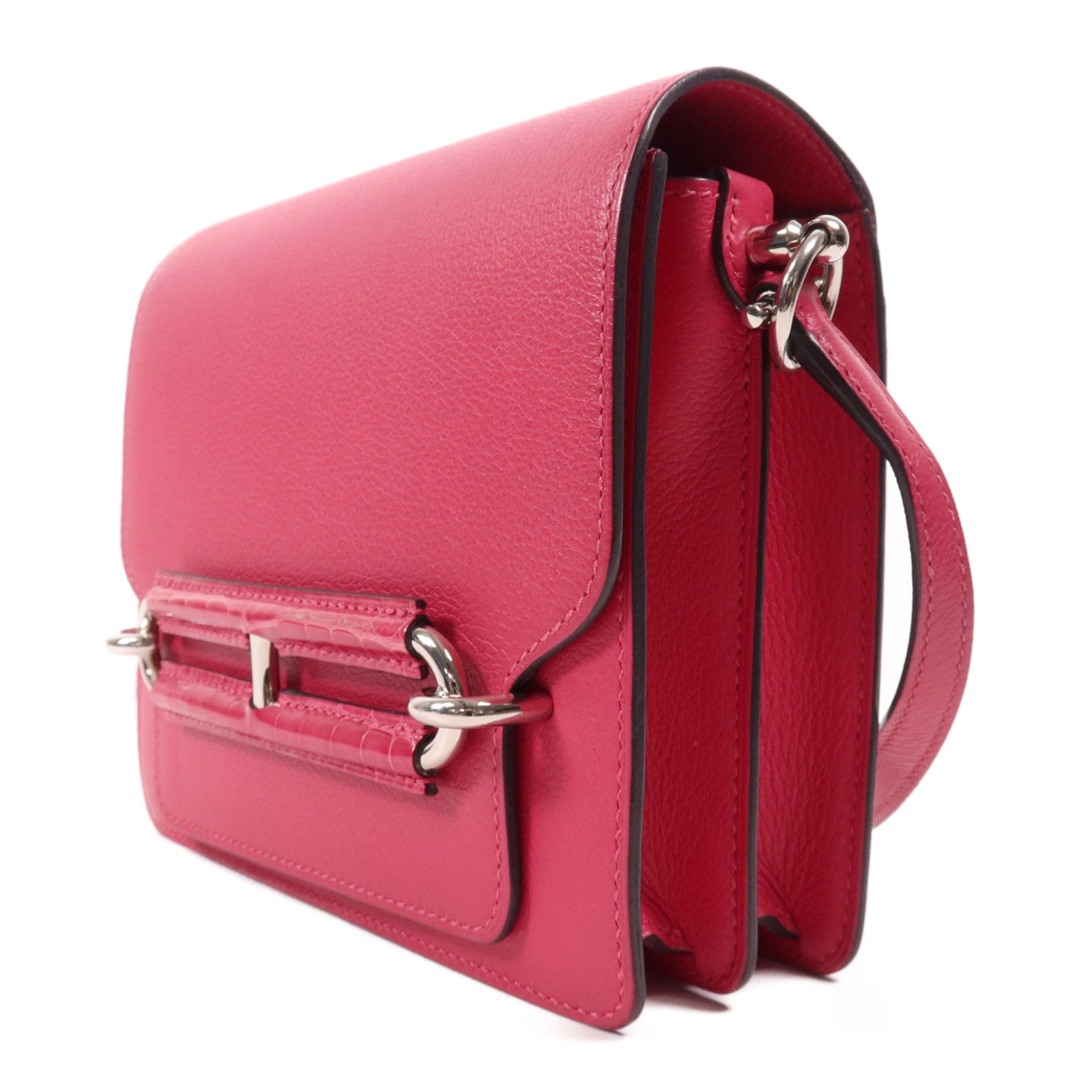 HERMES Evercolour皮革/鱷魚皮革Mini Roulis銀扣肩背袋Rose Mexico