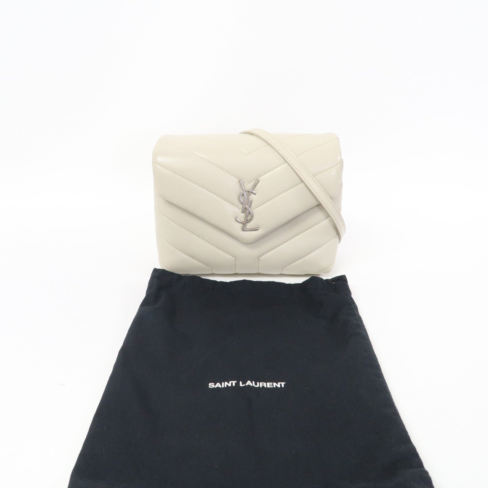 SAINT LAURENT 斜紋牛皮皮革Shoulder Bag銀扣肩背袋淺灰色