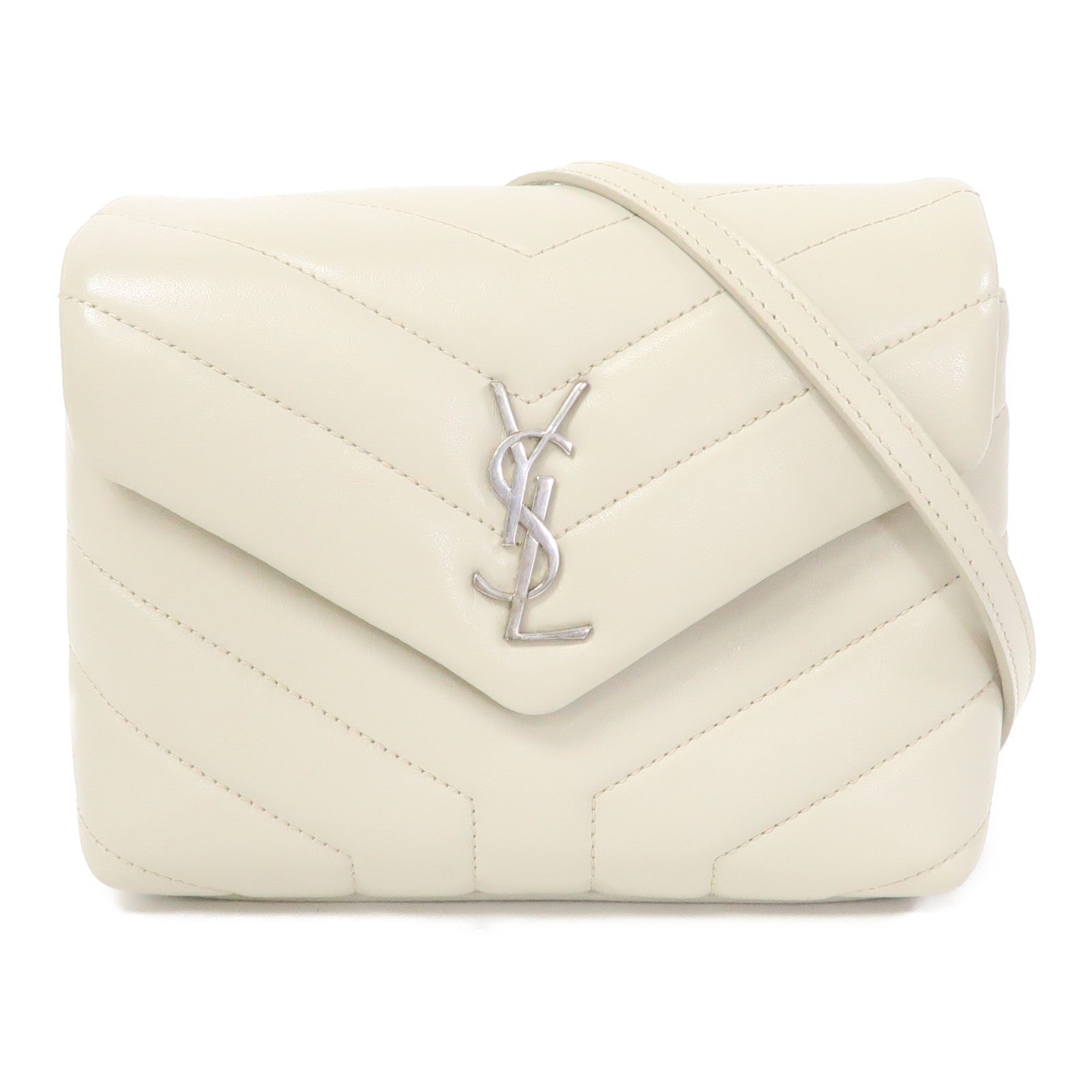 SAINT LAURENT 斜紋牛皮皮革Shoulder Bag銀扣肩背袋淺灰色