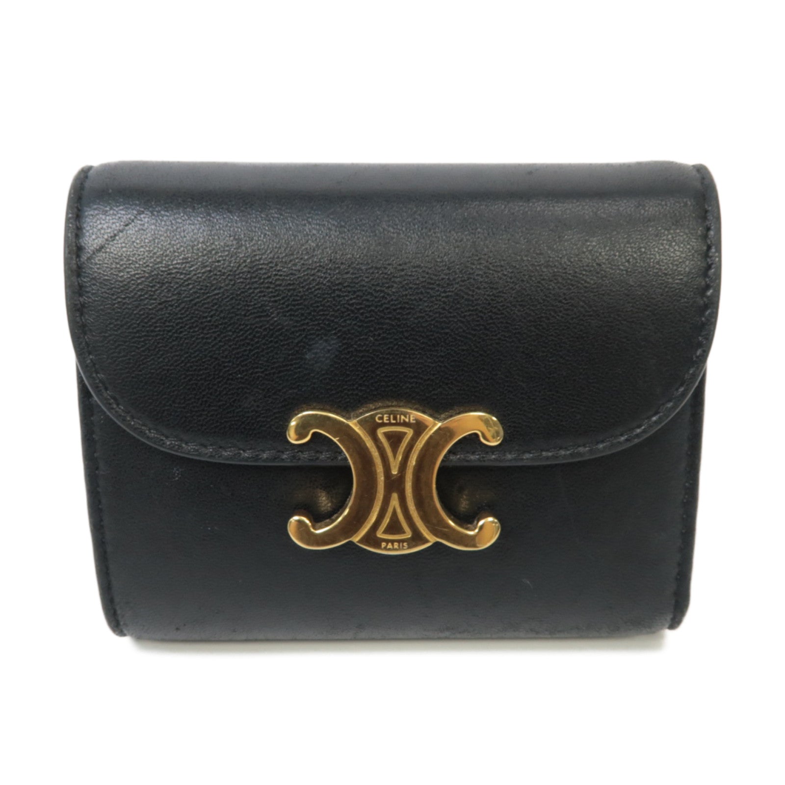 CELINE 【激減優惠】羊皮皮革Triomphe Compact Wallet金扣錢包黑色