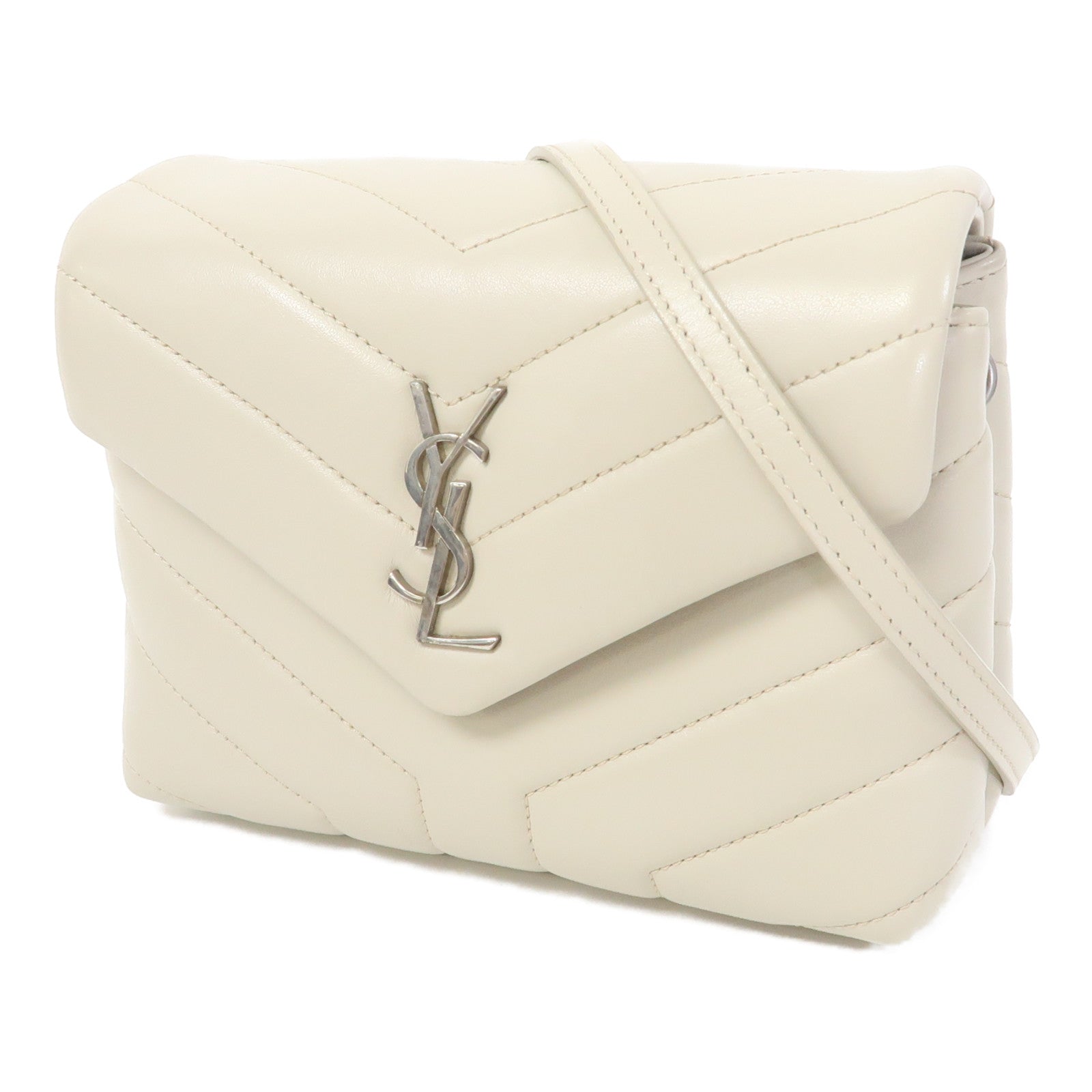 SAINT LAURENT 斜紋牛皮皮革Shoulder Bag銀扣肩背袋淺灰色