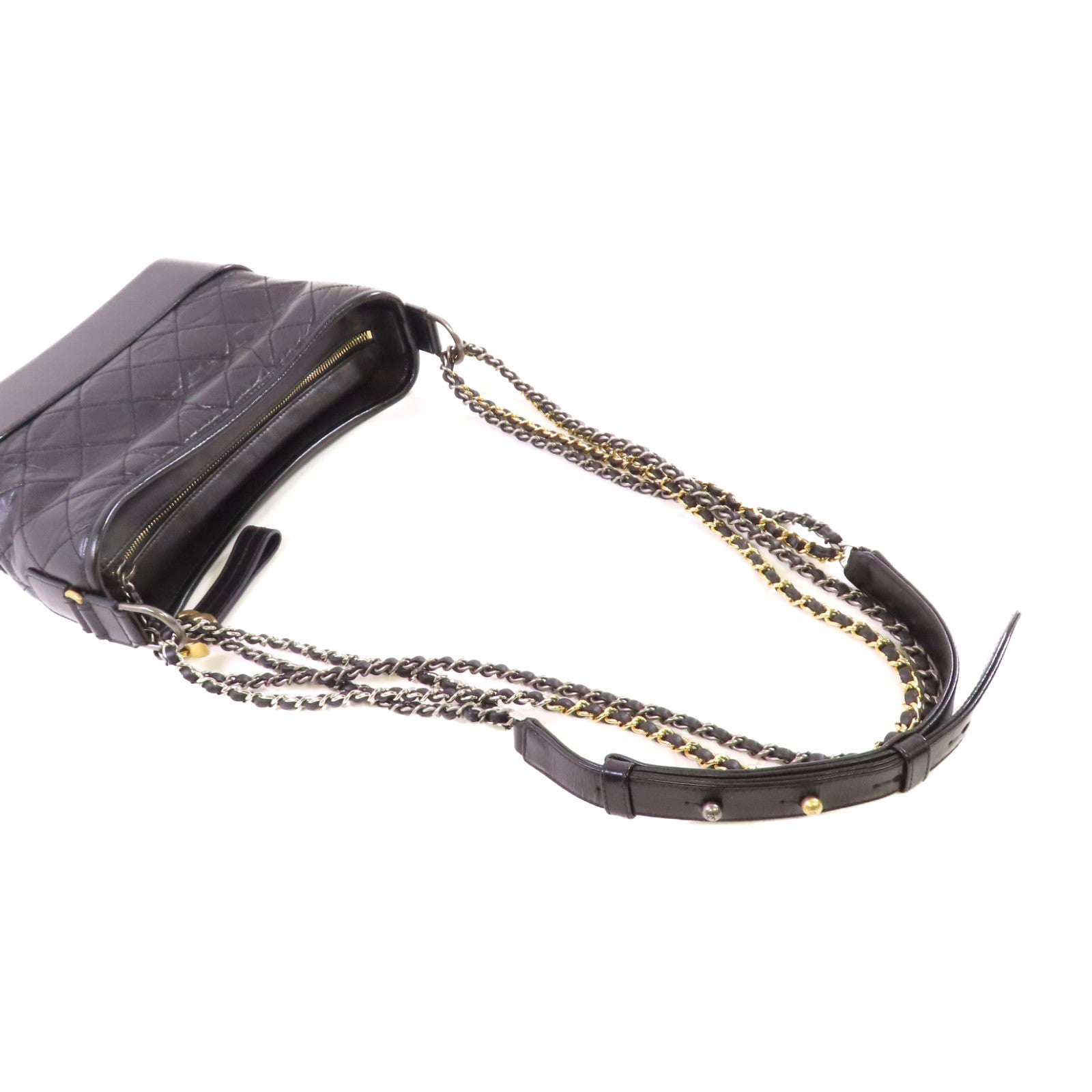 CHANEL 菱格牛皮皮革Gabrielle MM Chain Shoulder Bag金扣鏈帶肩背袋黑色
