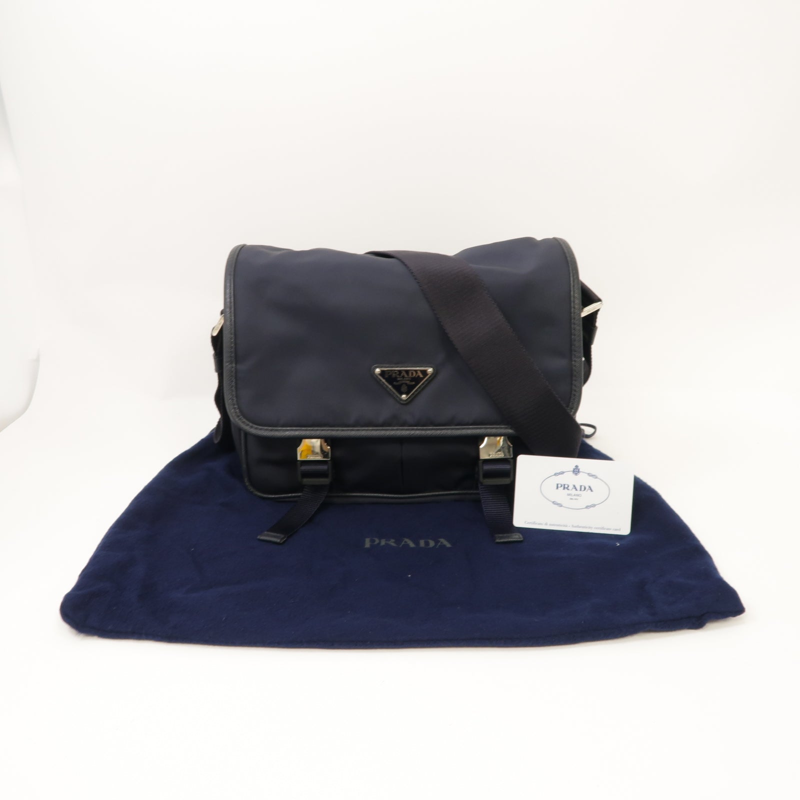 PRADA 尼龍/Saffiano皮革Messenger Bag銀扣肩背袋藍色