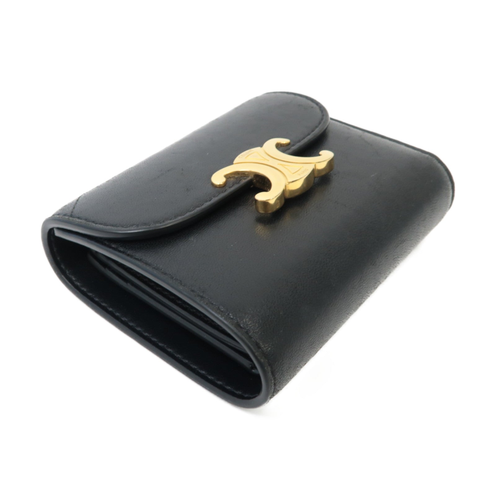 CELINE 【激減優惠】羊皮皮革Triomphe Compact Wallet金扣錢包黑色