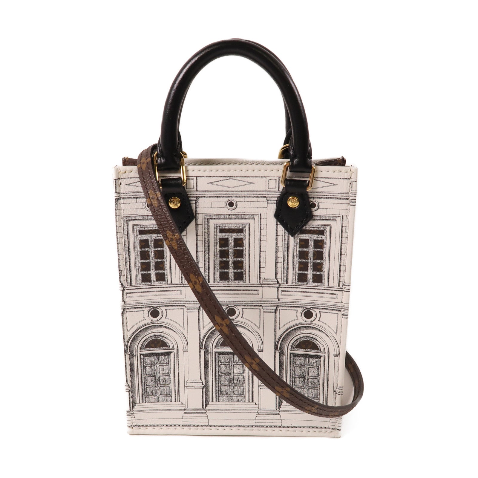 LOUIS VUITTON 【激減優惠】皮革/Monogram Petite Sac Plat Fornasetti金扣手挽肩背兩用袋白色/啡色