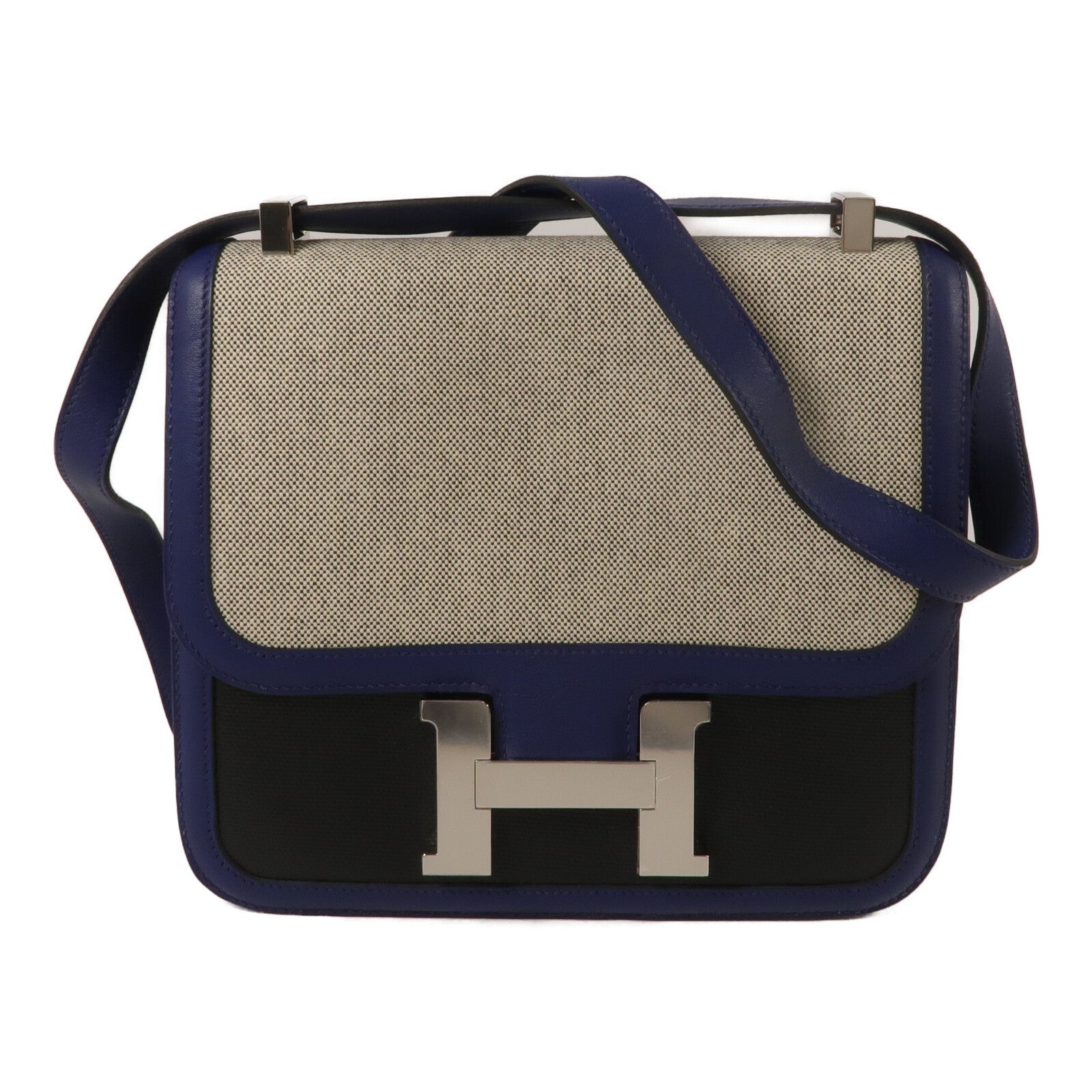 HERMES Swift皮革/Toile帆布Constance 24肩背袋Bleu Sapphire/Noir