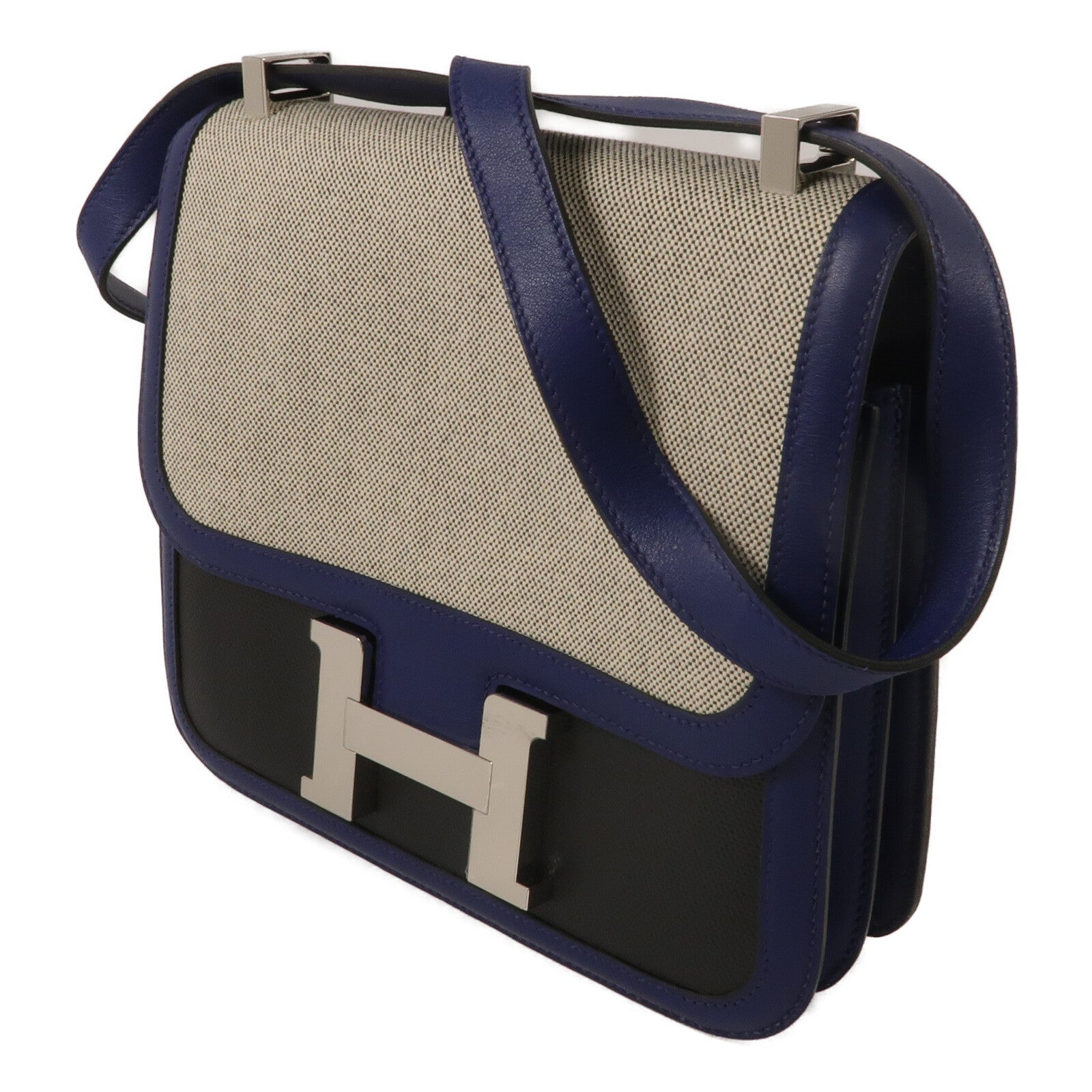 HERMES Swift皮革/Toile帆布Constance 24肩背袋Bleu Sapphire/Noir