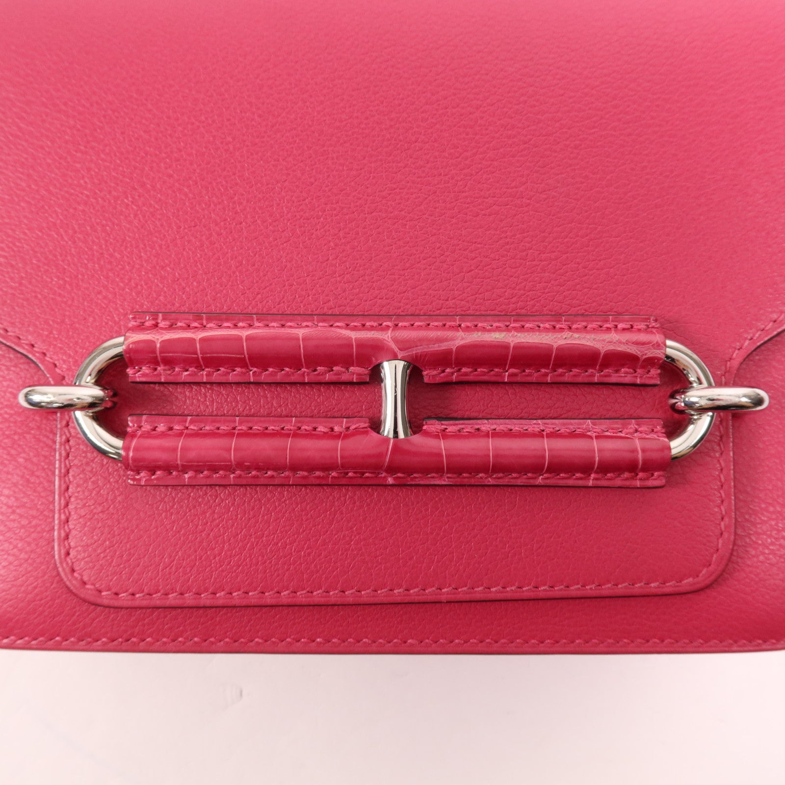 HERMES 【激減優惠】Evercolour皮革/鱷魚皮革Mini Roulis銀扣肩背袋Rose Mexico