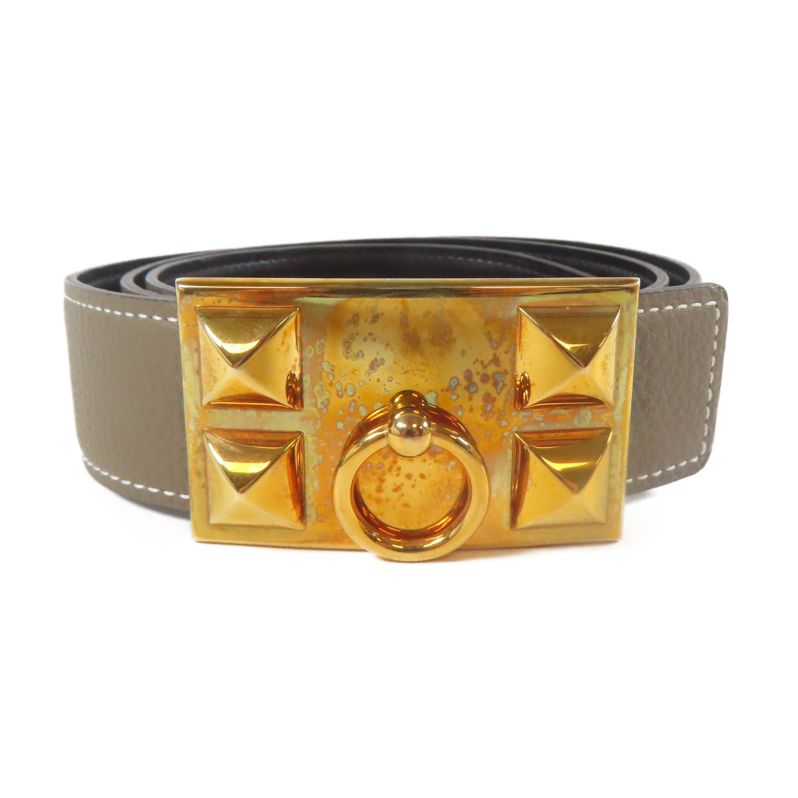 HERMES 【激減優惠】Epsom皮革Belt金扣皮帶灰色