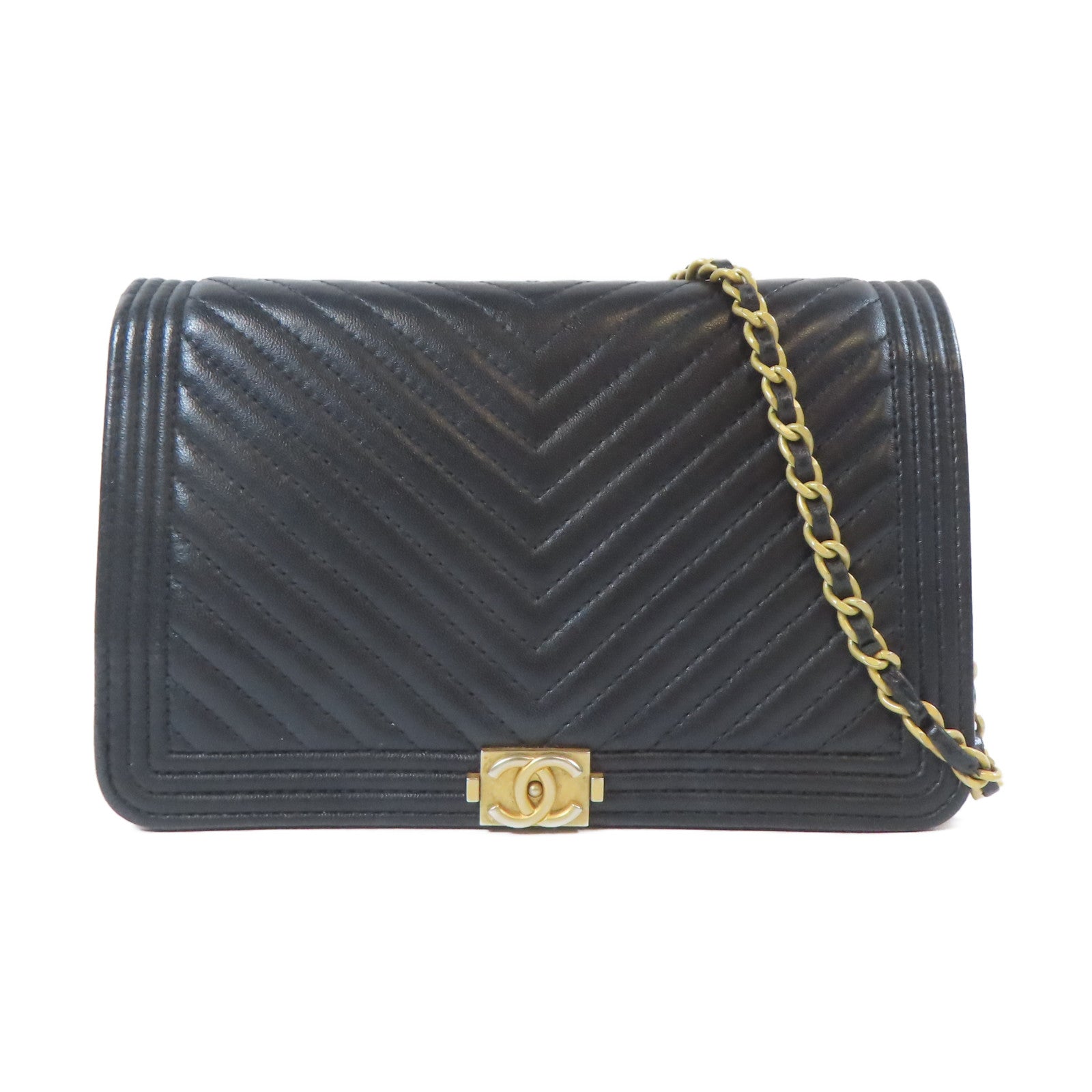 CHANEL 斜紋牛皮皮革Boy WOC Wallet On Chain金扣鏈帶肩背袋黑色
