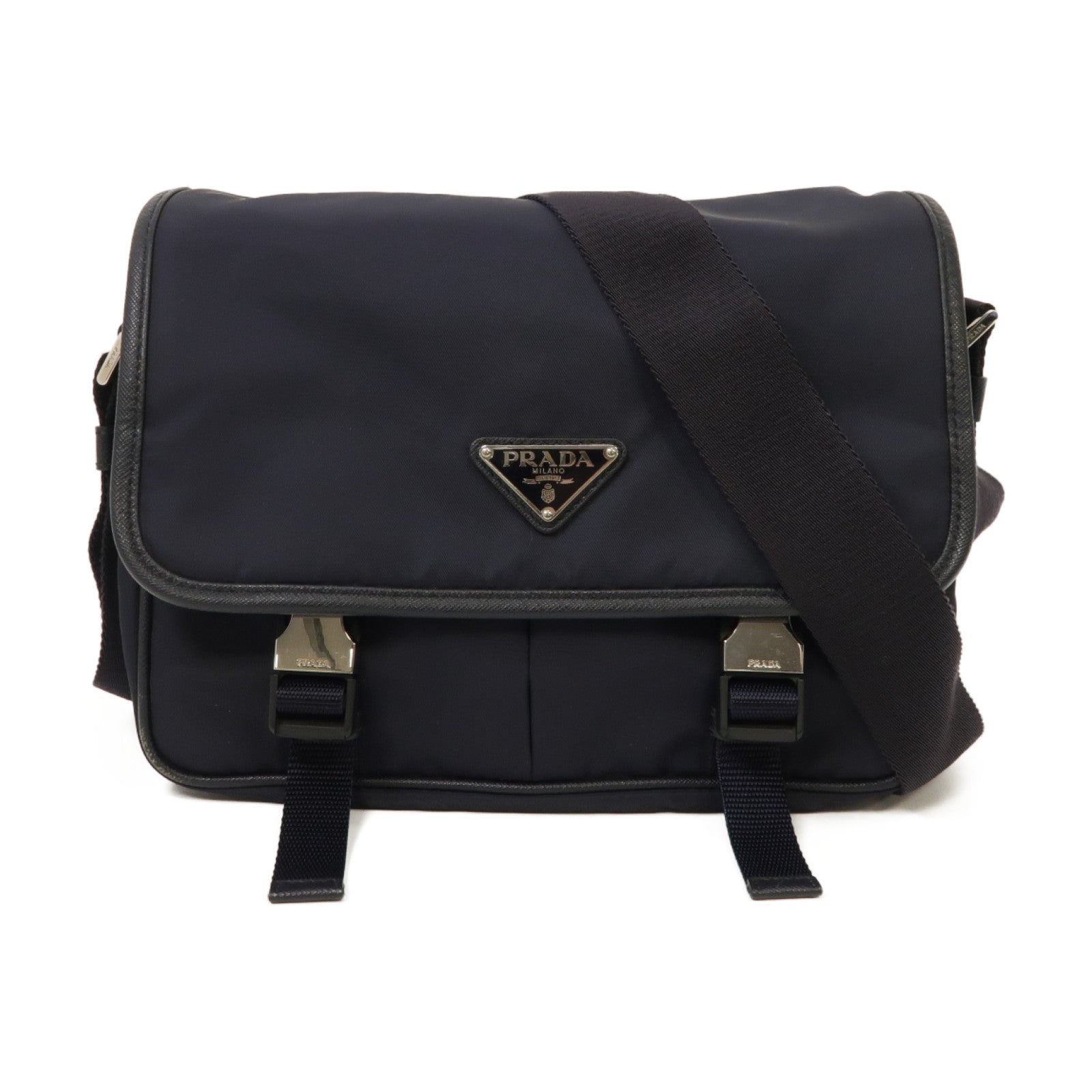 PRADA 尼龍/Saffiano皮革Messenger Bag銀扣肩背袋藍色