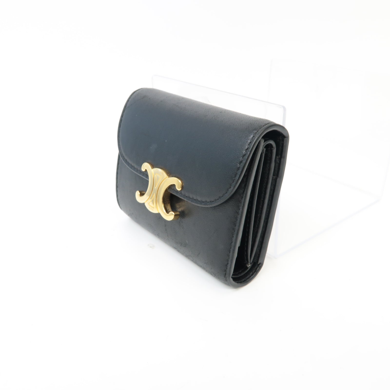 CELINE 【激減優惠】羊皮皮革Triomphe Compact Wallet金扣錢包黑色