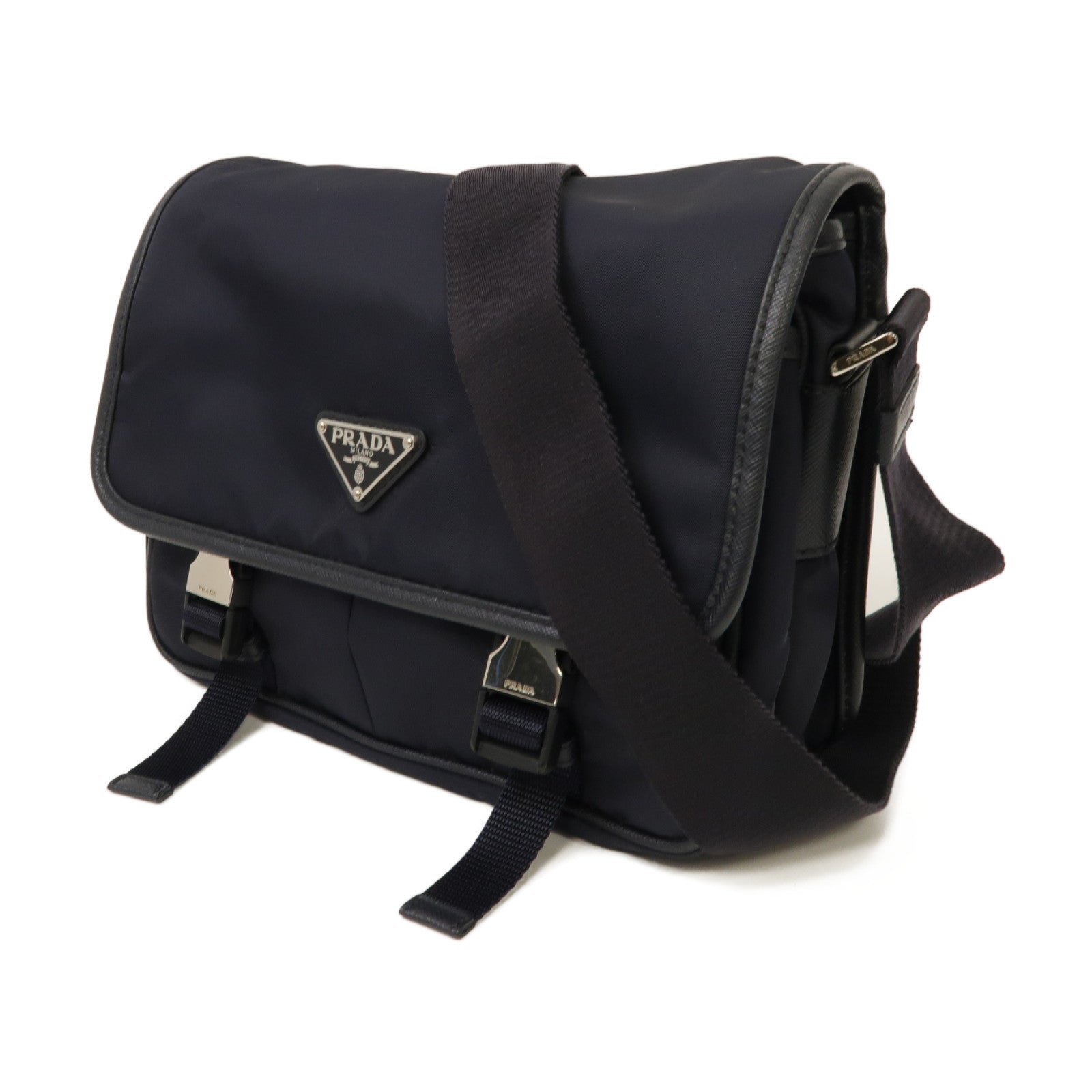 PRADA 尼龍/Saffiano皮革Messenger Bag銀扣肩背袋藍色