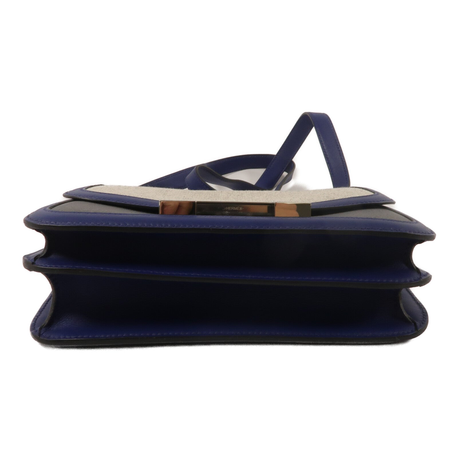 HERMES Swift皮革/Toile帆布Constance 24肩背袋Bleu Sapphire/Noir