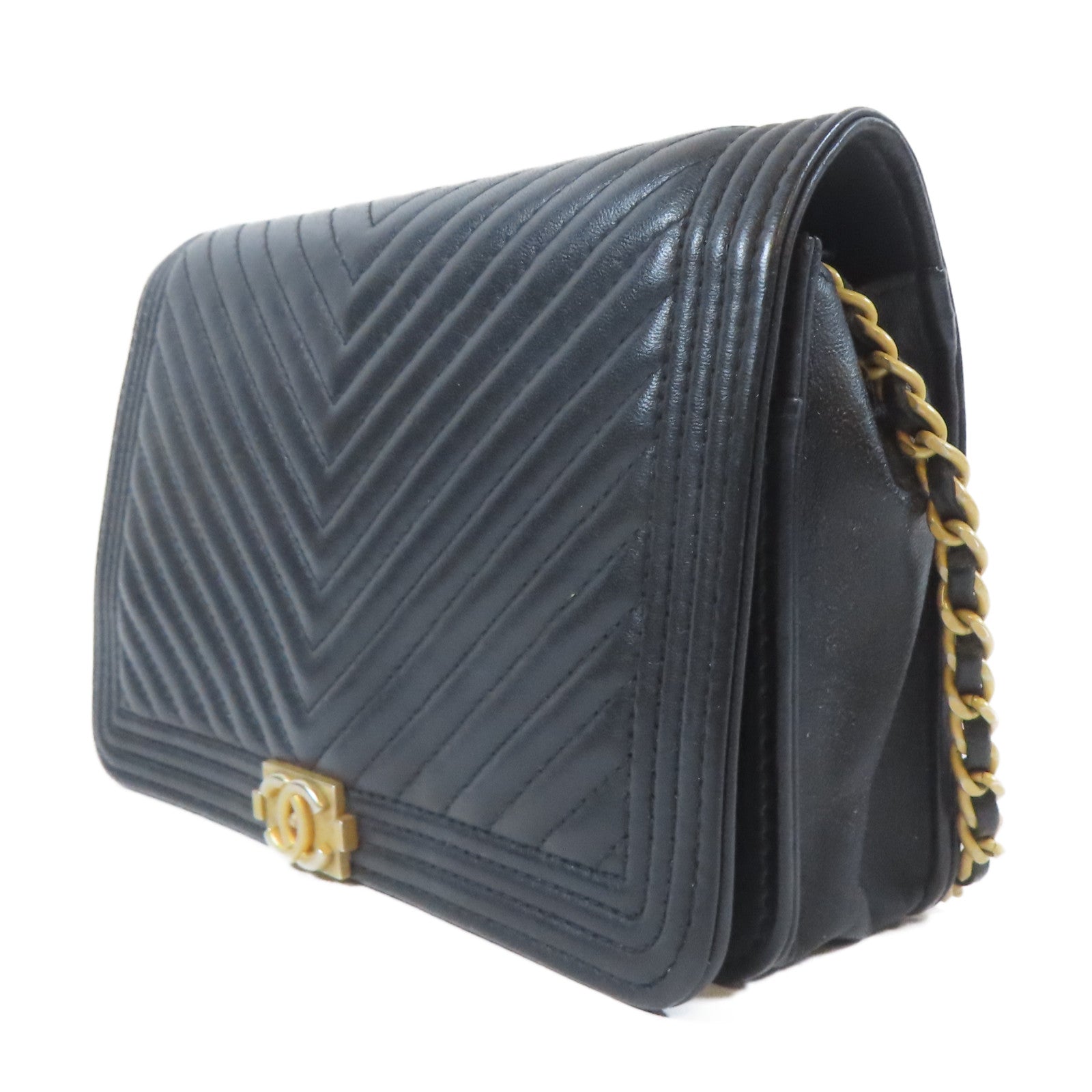 CHANEL 斜紋牛皮皮革Boy WOC Wallet On Chain金扣鏈帶肩背袋黑色