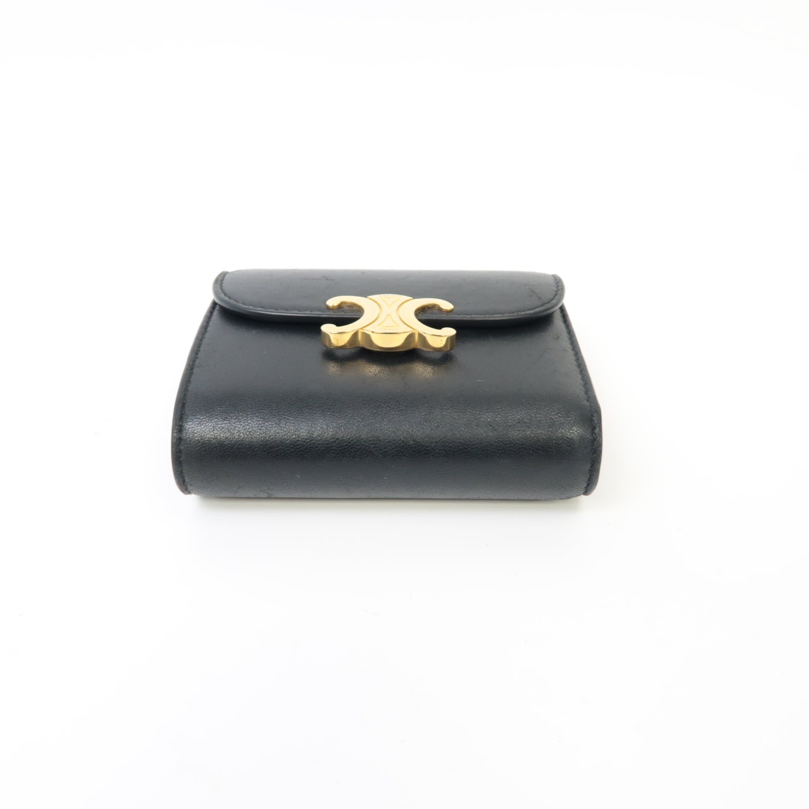 CELINE 【激減優惠】羊皮皮革Triomphe Compact Wallet金扣錢包黑色