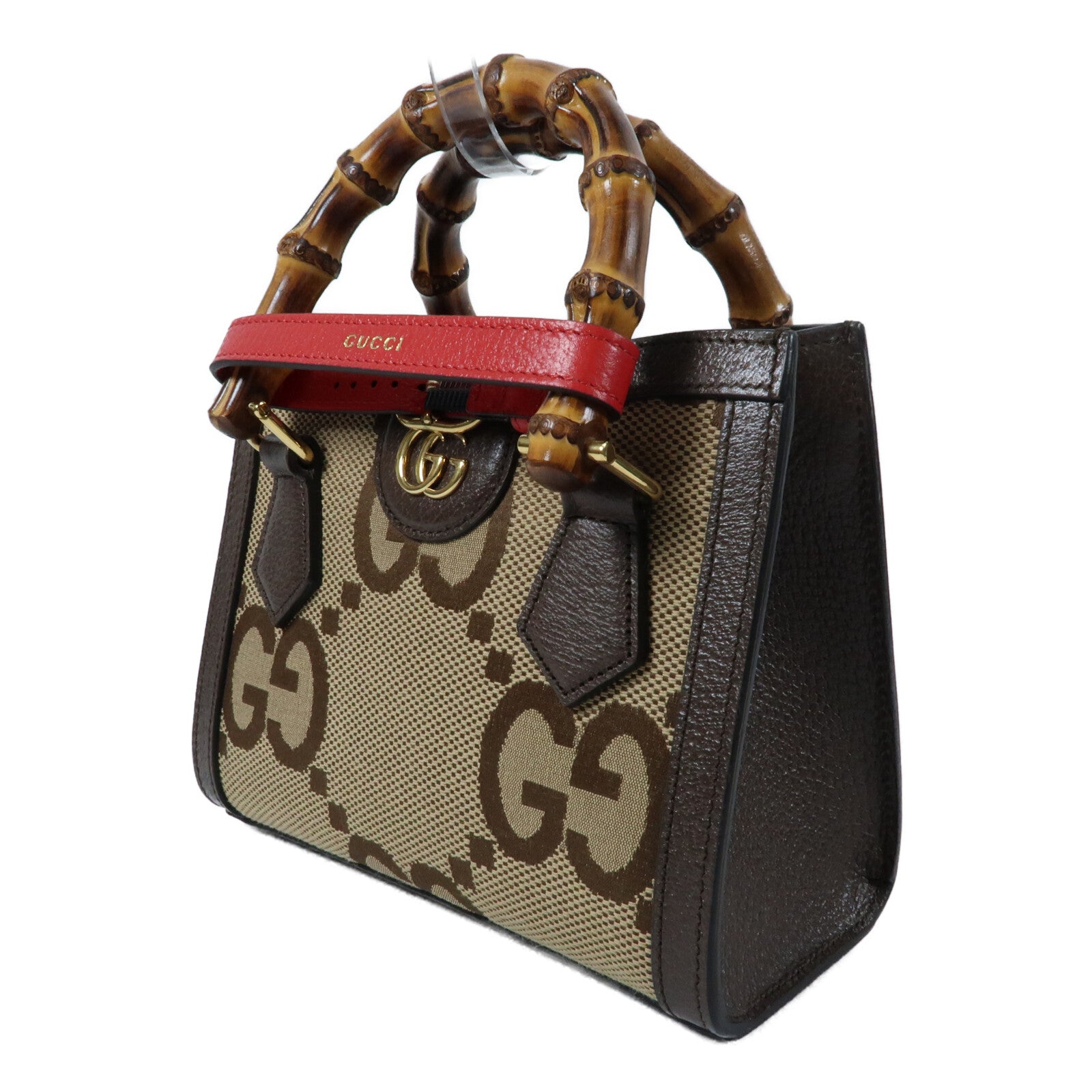 GUCCI 帆布/牛皮皮革Mini Diana Jumbo GG金扣手挽肩背兩用袋