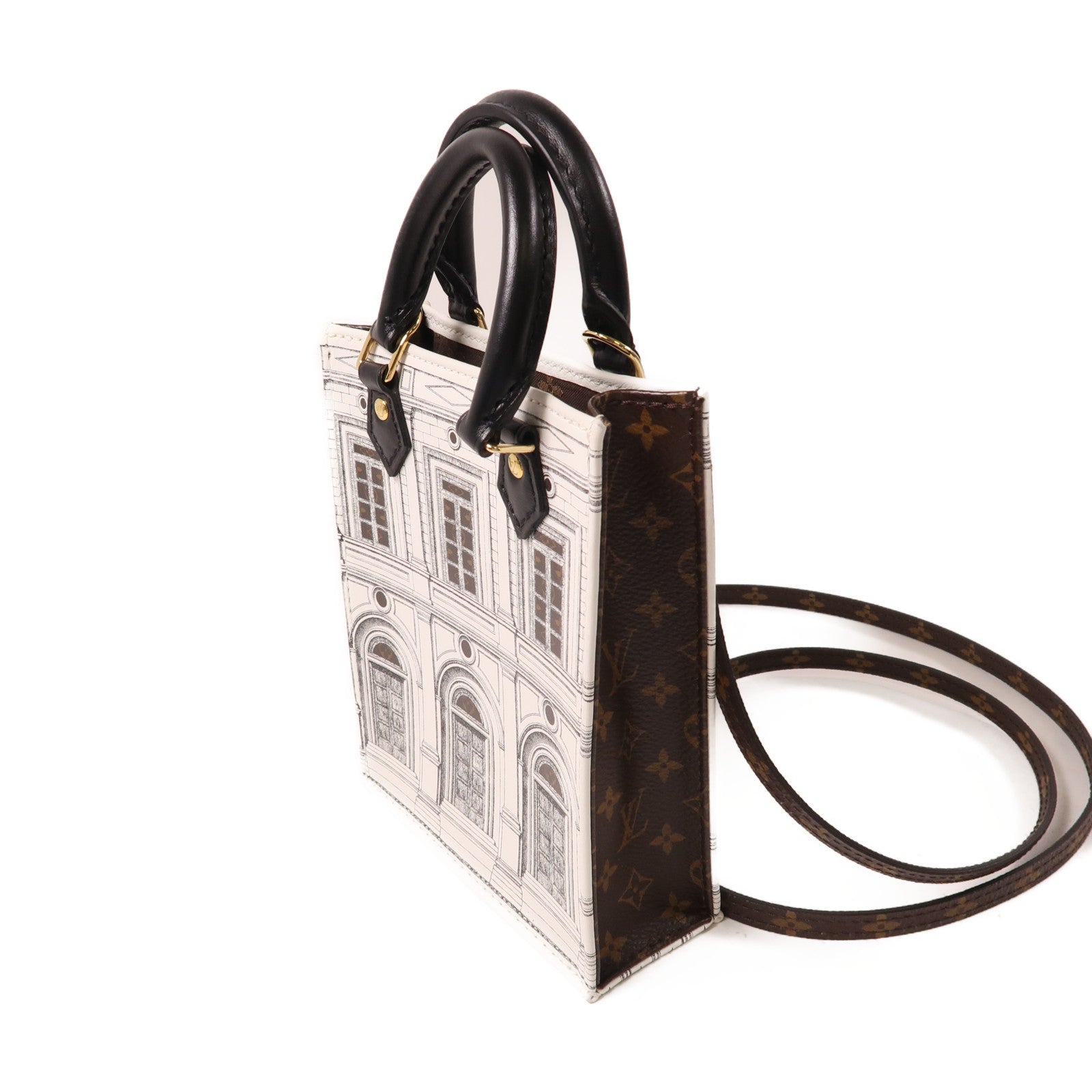 LOUIS VUITTON 【激減優惠】皮革/Monogram Petite Sac Plat Fornasetti金扣手挽肩背兩用袋白色/啡色