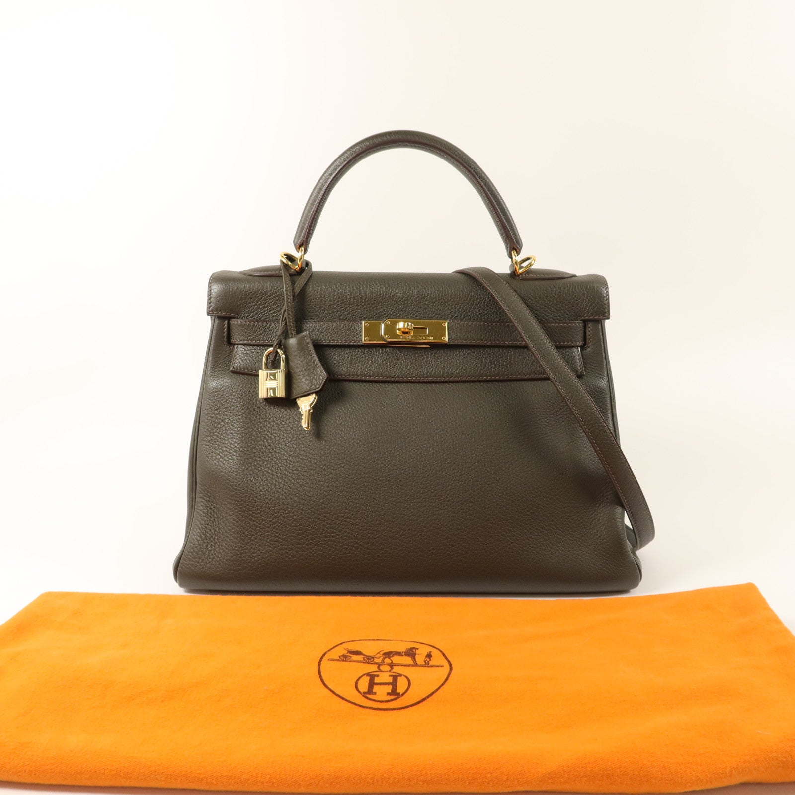 HERMES Clemence皮革Kelly 32手挽袋Vert de Gris