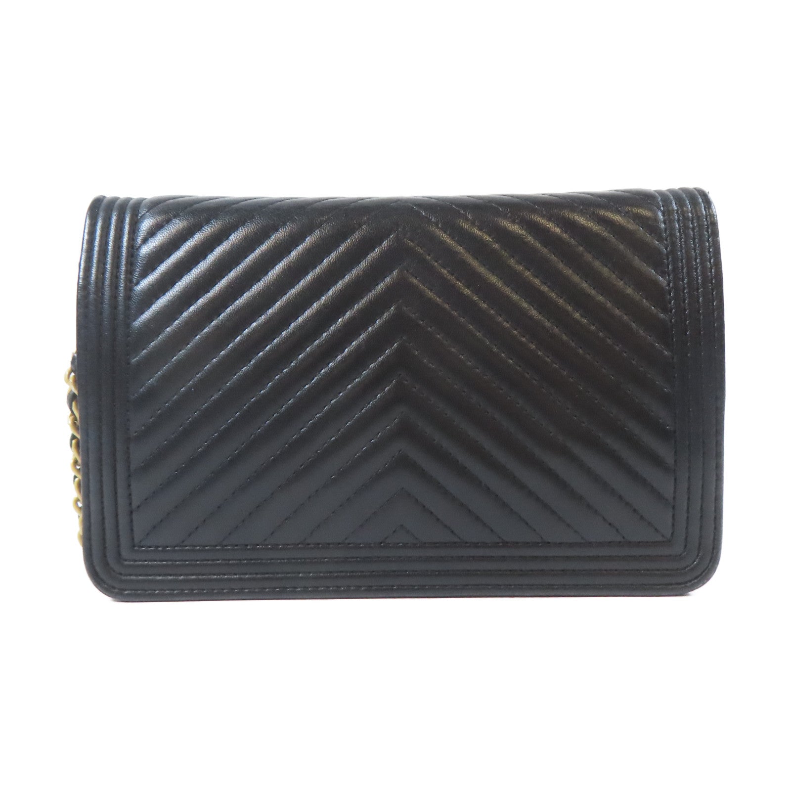 CHANEL 斜紋牛皮皮革Boy WOC Wallet On Chain金扣鏈帶肩背袋黑色