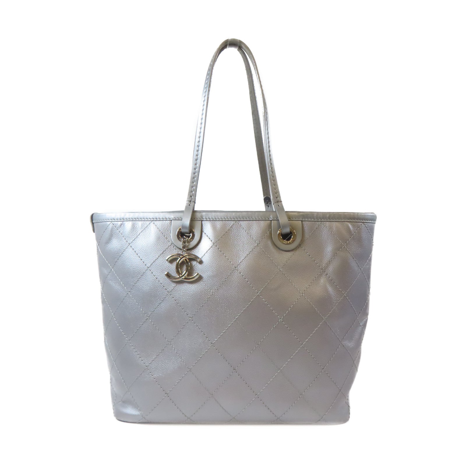 CHANEL 【激減優惠】菱格Caviar皮革Tote Bag銀扣手挽袋銀色