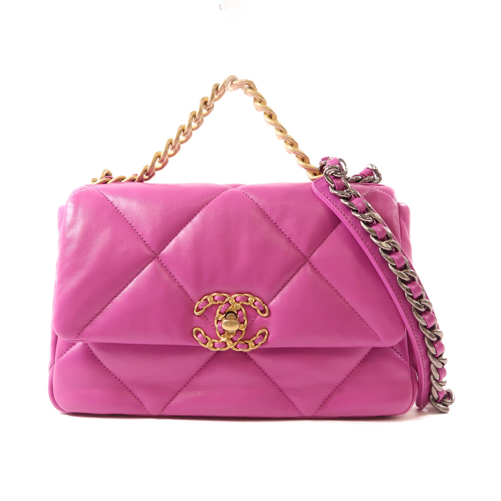 CHANEL 羊皮皮革C19鏈帶手挽肩背兩用袋