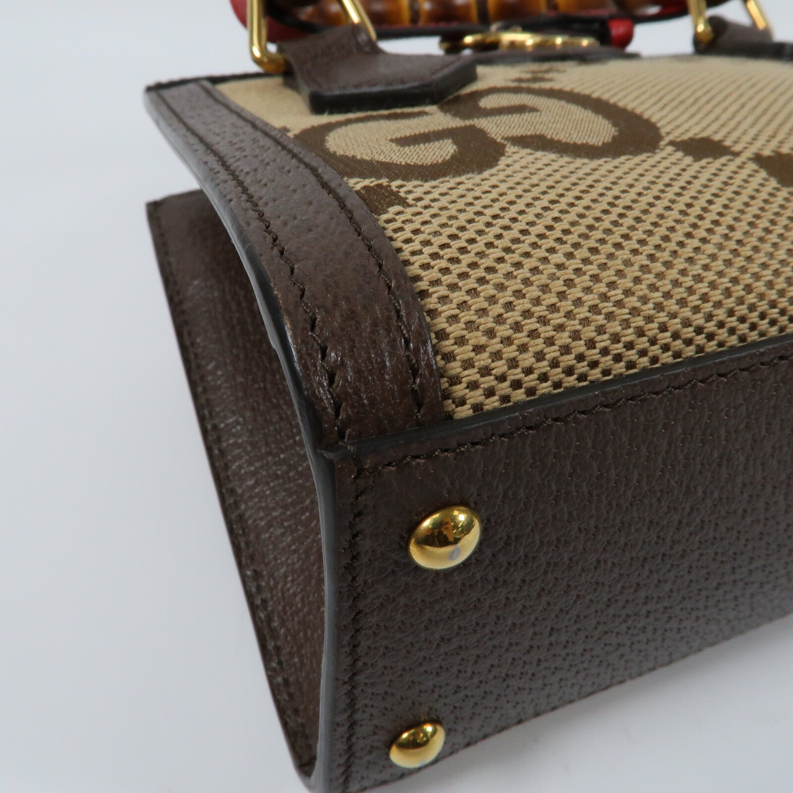GUCCI 帆布/牛皮皮革Mini Diana Jumbo GG金扣手挽肩背兩用袋