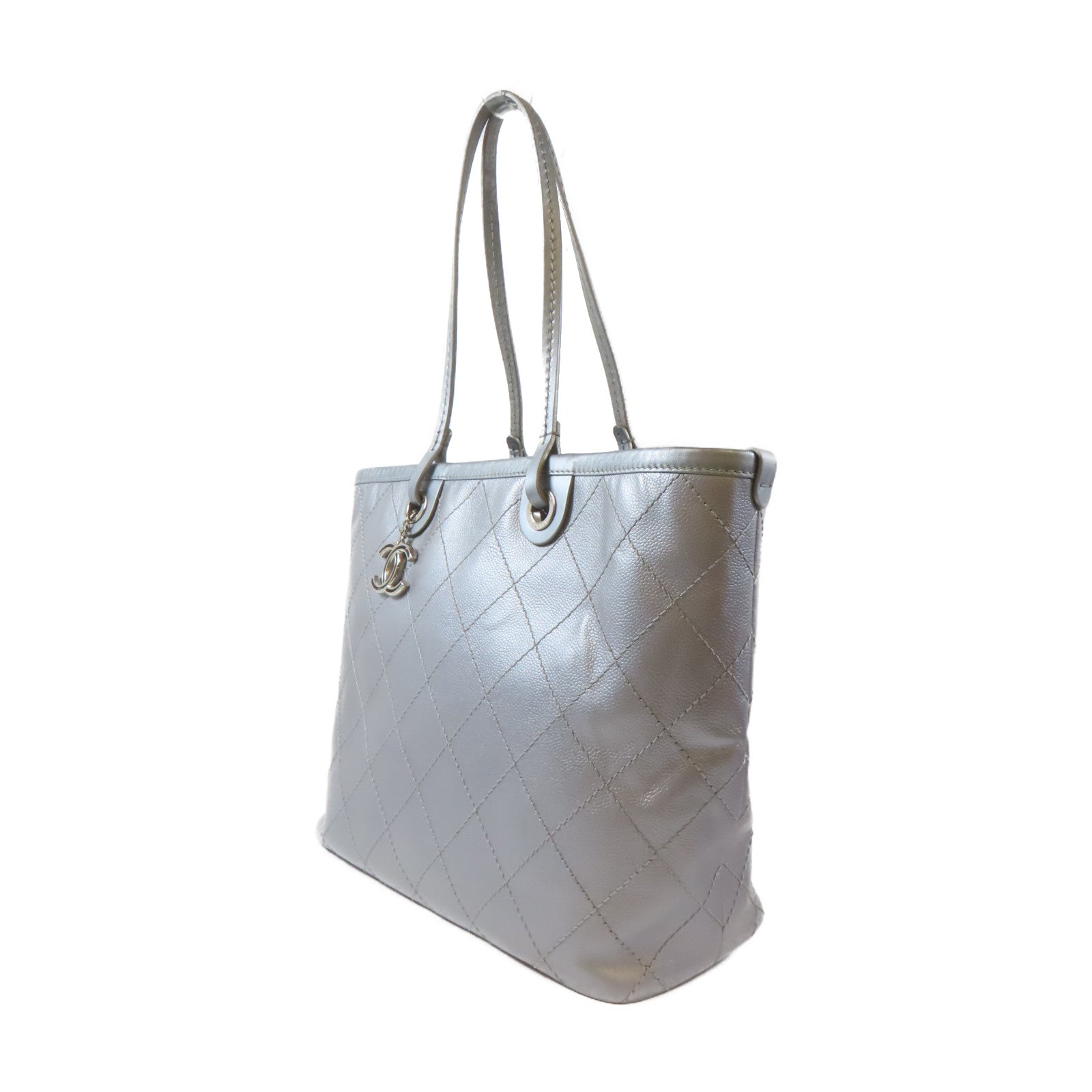 CHANEL 【激減優惠】菱格Caviar皮革Tote Bag銀扣手挽袋銀色