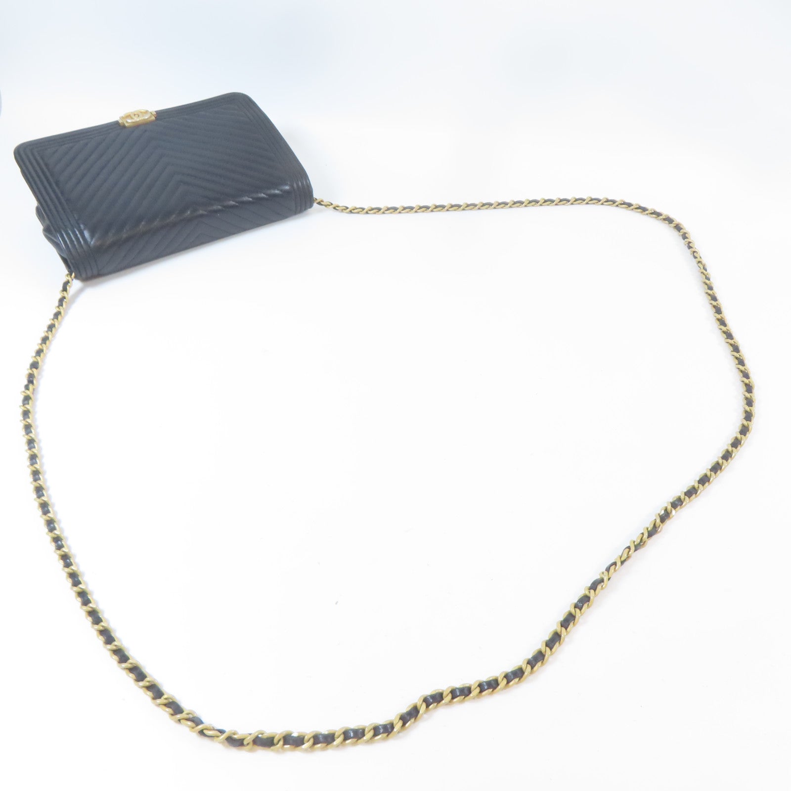 CHANEL 斜紋牛皮皮革Boy WOC Wallet On Chain金扣鏈帶肩背袋黑色