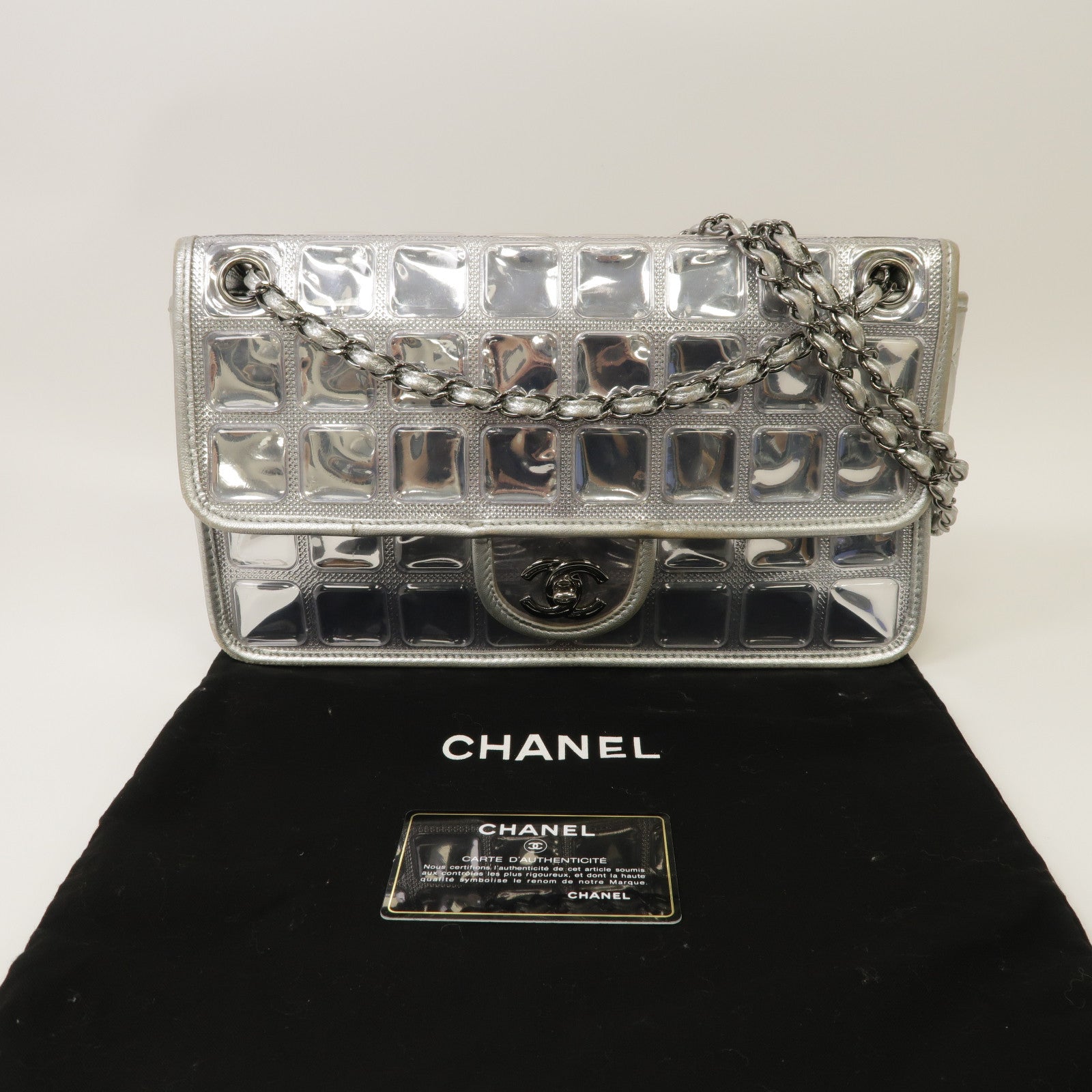 CHANEL 菱格皮革/PVC Chain Shoulder Bag銀扣鏈帶肩背袋銀色