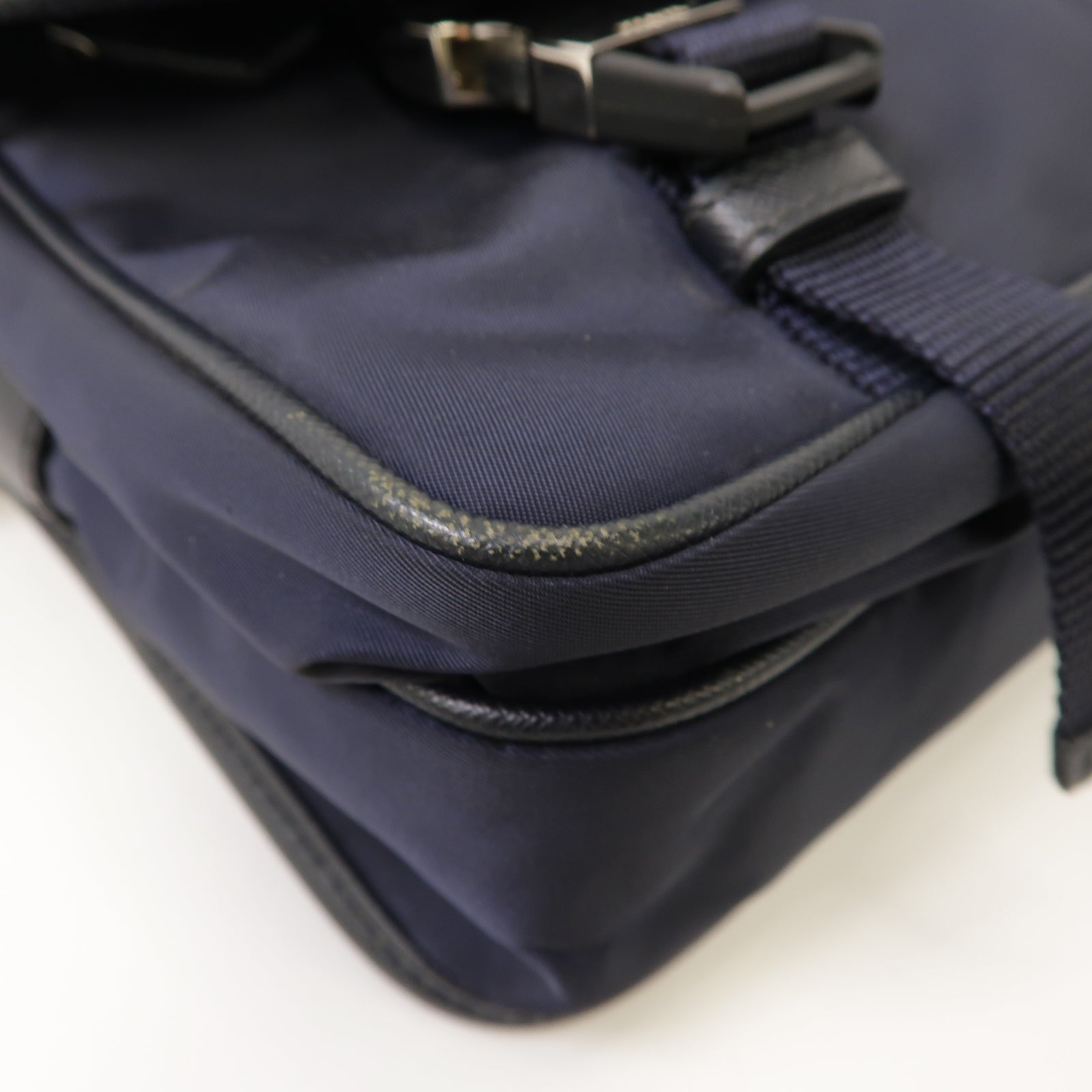 PRADA 尼龍/Saffiano皮革Messenger Bag銀扣肩背袋藍色