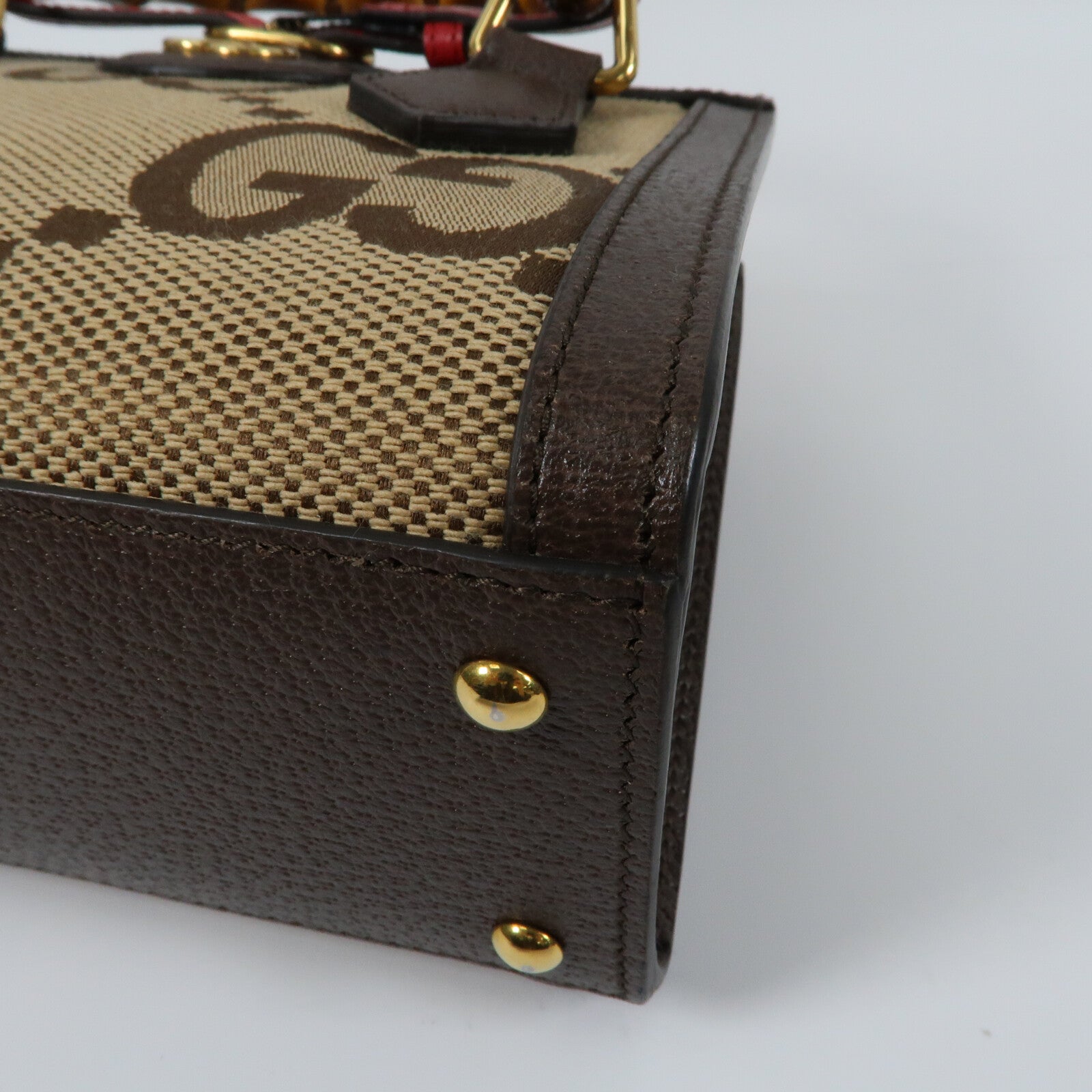 GUCCI 帆布/牛皮皮革Mini Diana Jumbo GG金扣手挽肩背兩用袋