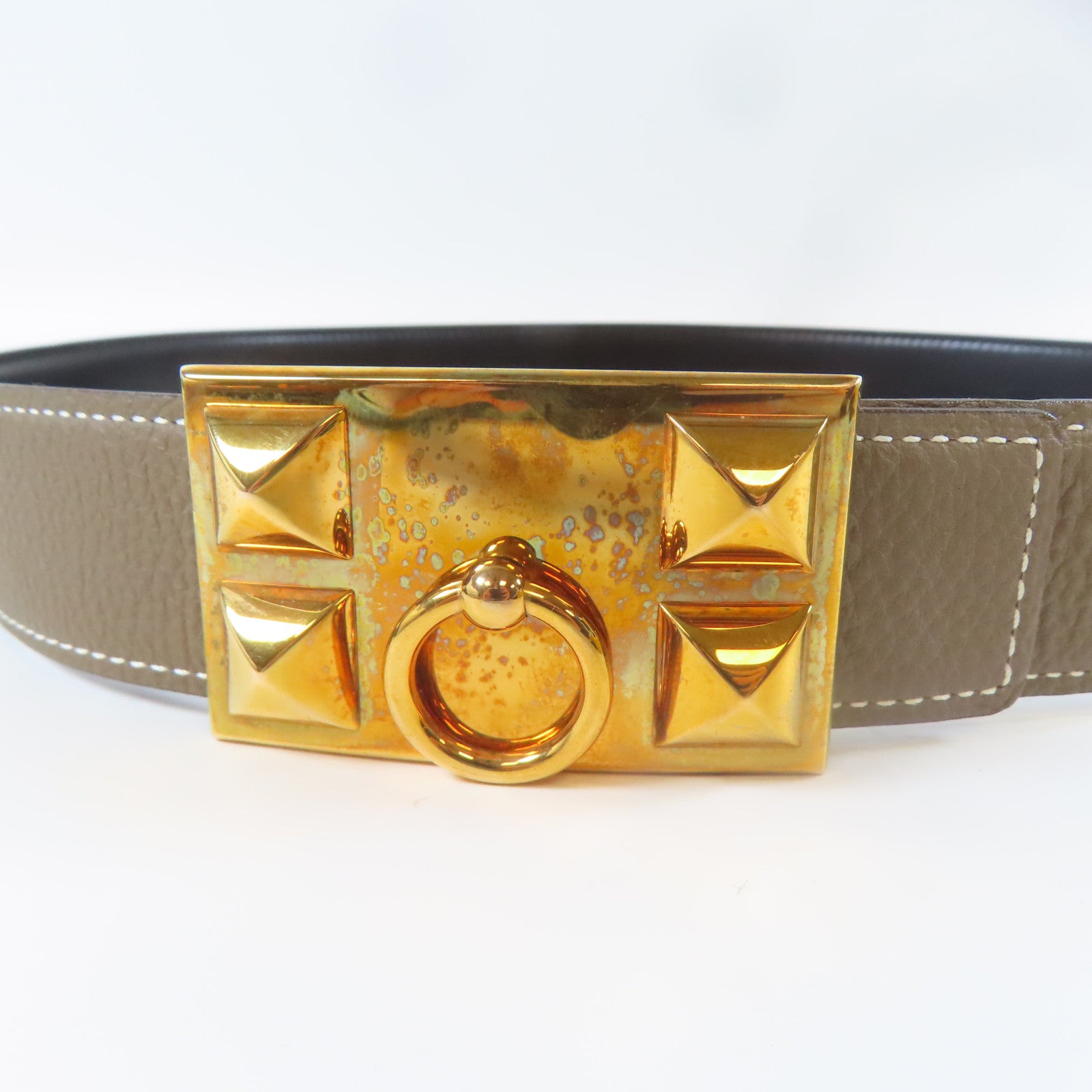 HERMES 【激減優惠】Epsom皮革Belt金扣皮帶灰色