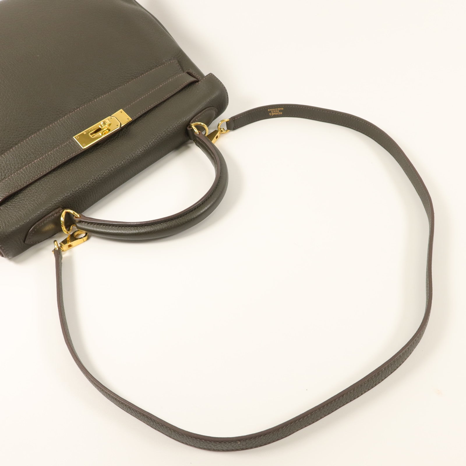 HERMES Clemence皮革Kelly 32手挽袋Vert de Gris