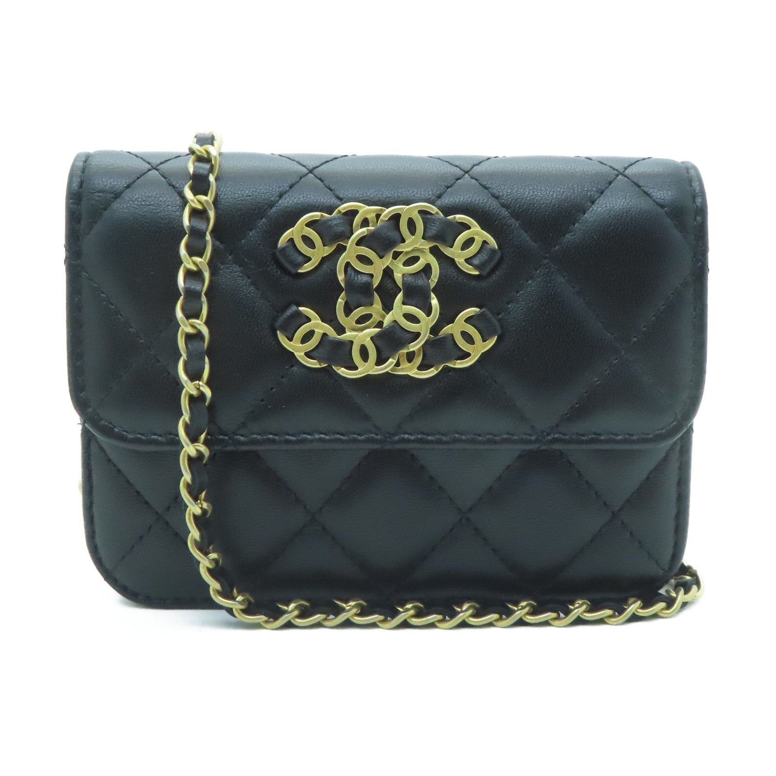 CHANEL rhombic sheepskin leather Chain Shoulder Bag gold buckle chain shoulder bag black